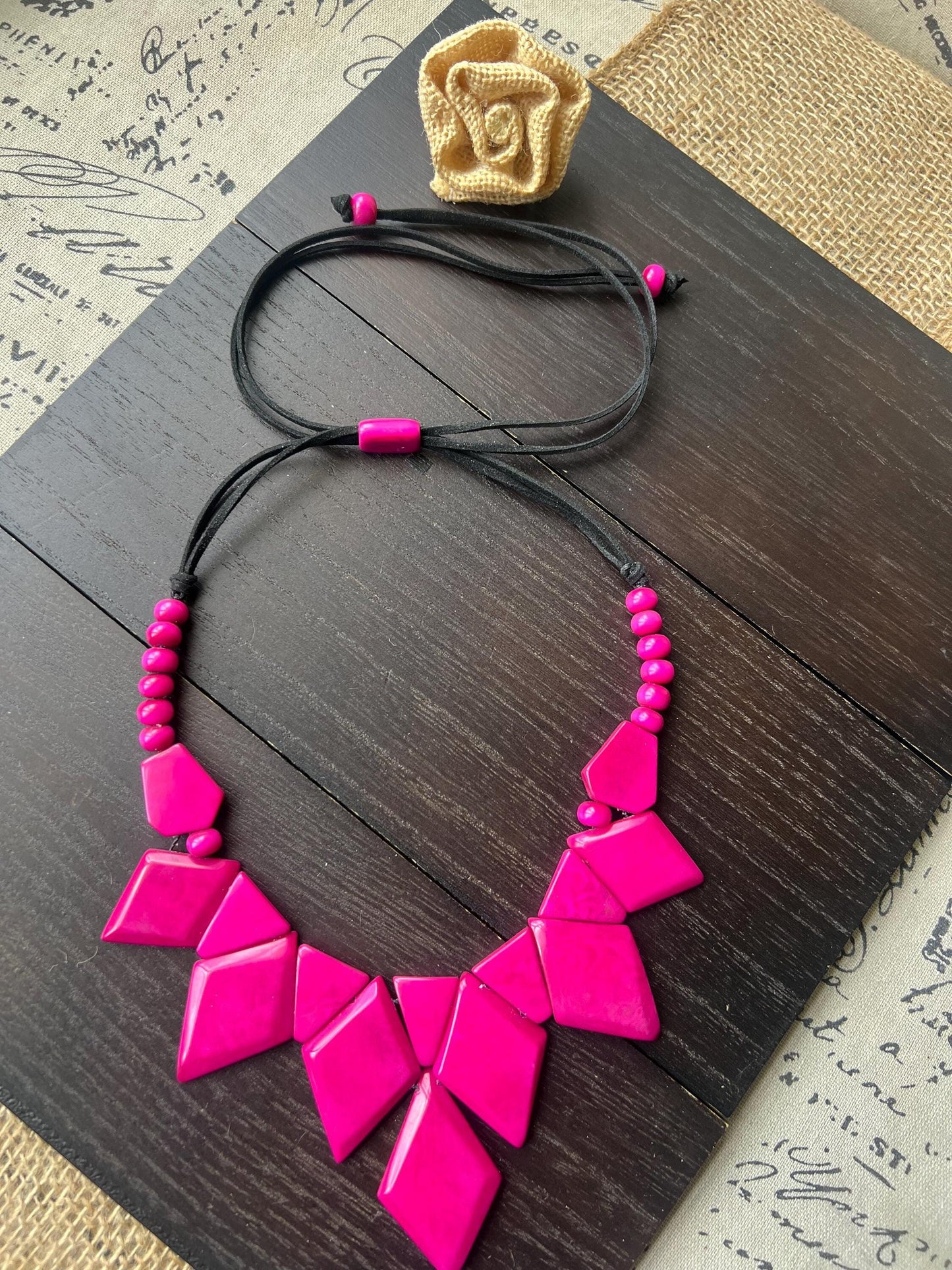 Hot pink statement necklace Tagua nut jewelry Art to wear Geometric necklace chunky Adjustable cord Beaded necklaces Mother’s Day gifts