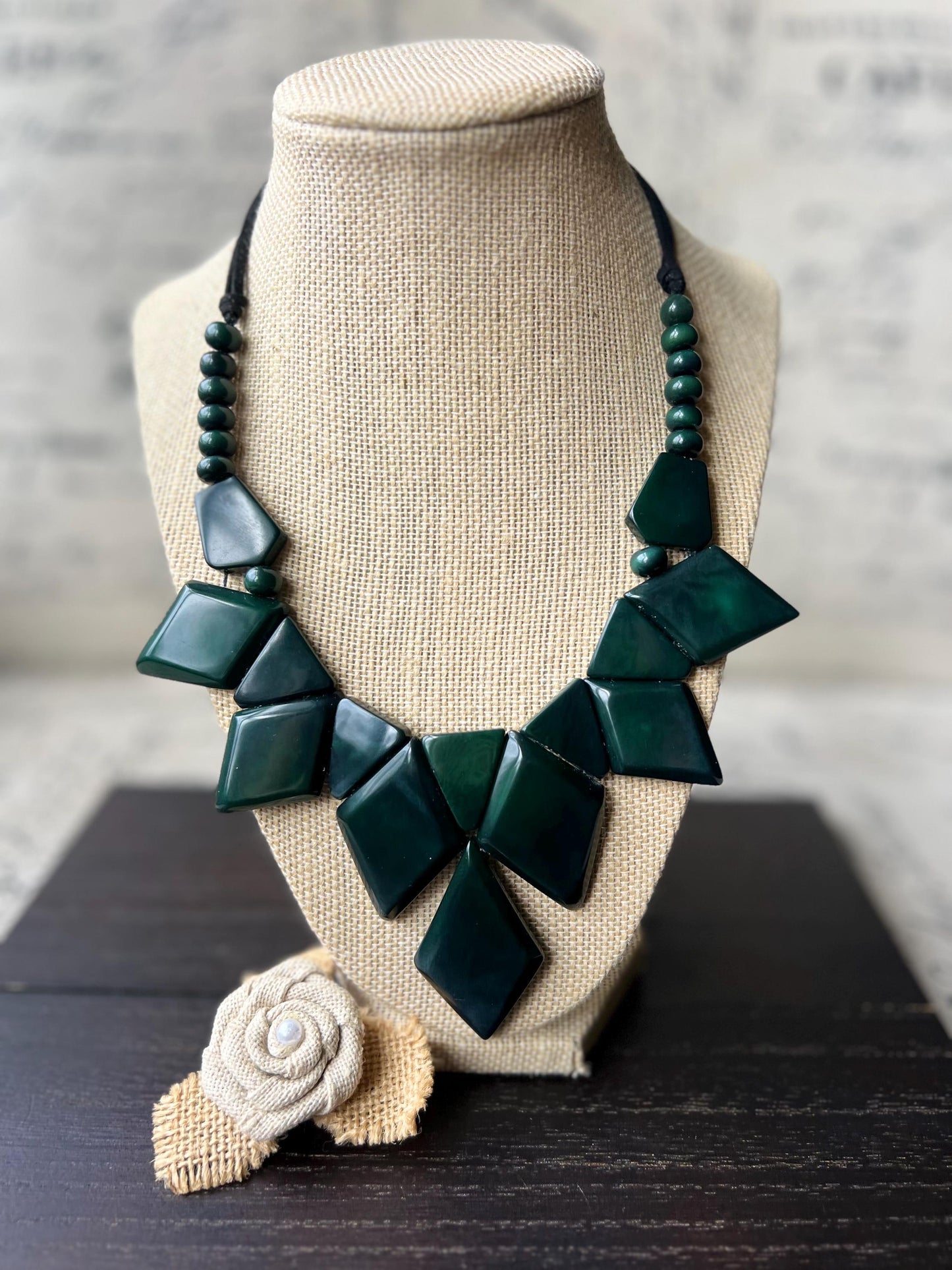 Dark green statement necklace Tagua nut jewelry Art to wear Mother’s Day gifts Handmade beaded necklace Adjustable cord Beaded necklaces