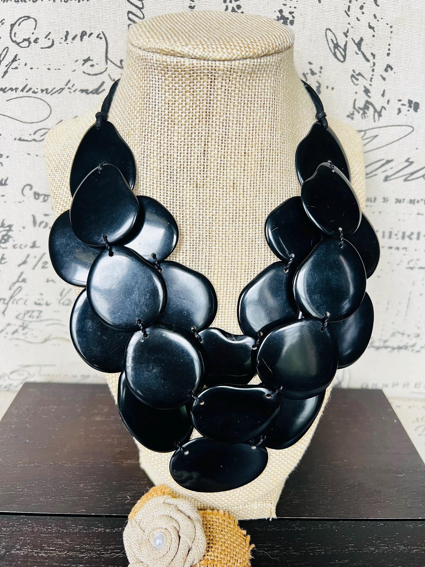 Black multi layer beaded necklace Adjustable cord Tagua jewelry Big bold necklaces Statement bead necklace Wearable art Spring fashion 2025
