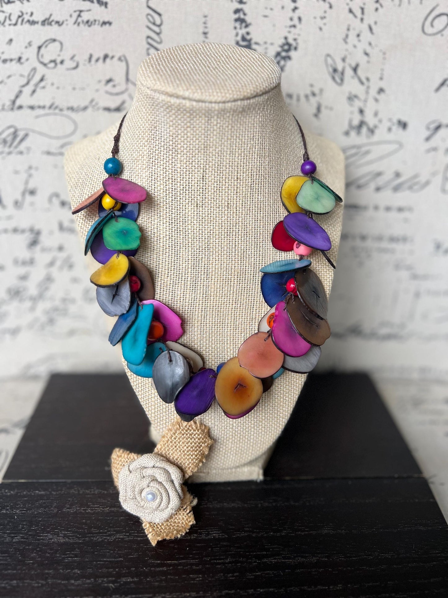 Rainbow beaded necklace Tagua jewelry Handmade statement necklace Adjustable cord Wearable art Multi color handmade necklace Summer fashion