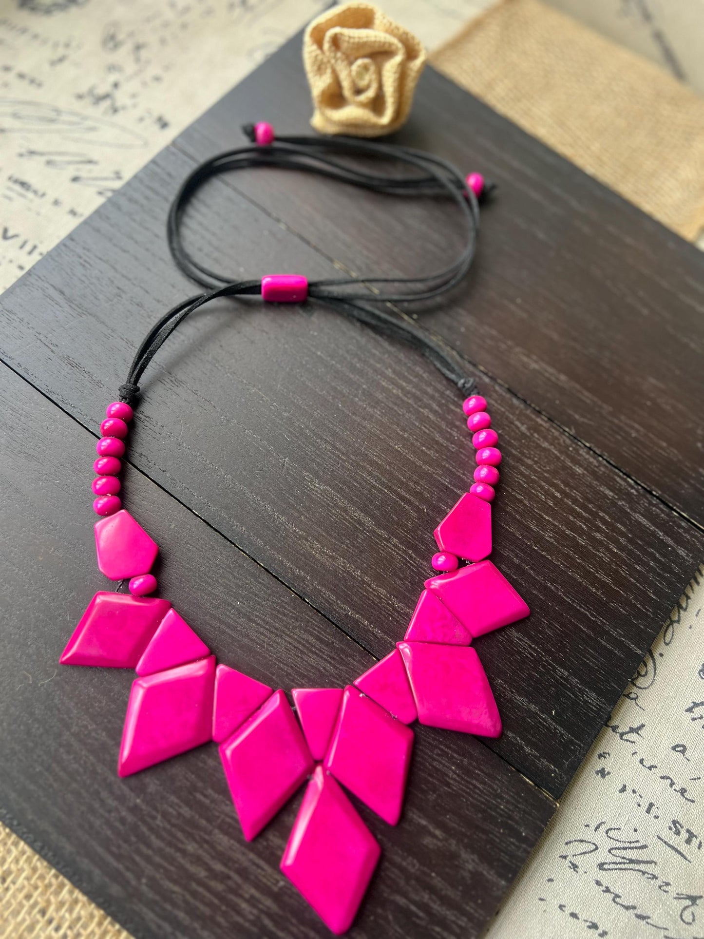 Hot pink statement necklace Tagua nut jewelry Art to wear Geometric necklace chunky Adjustable cord Beaded necklaces Mother’s Day gifts