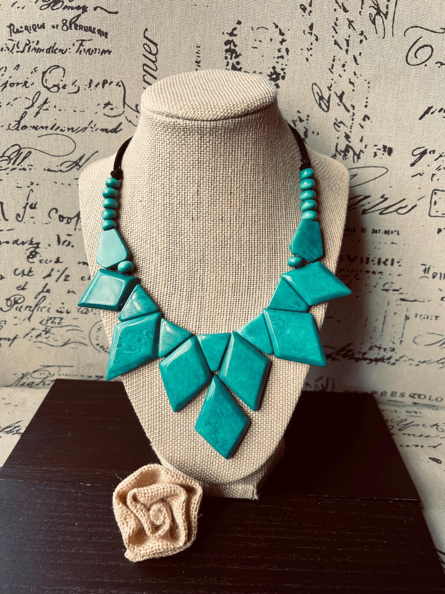 Teal statement necklace Tagua nut jewelry Art to wear Geometric necklace chunky Adjustable cord Mother’s Day gifts Handmade beaded necklace