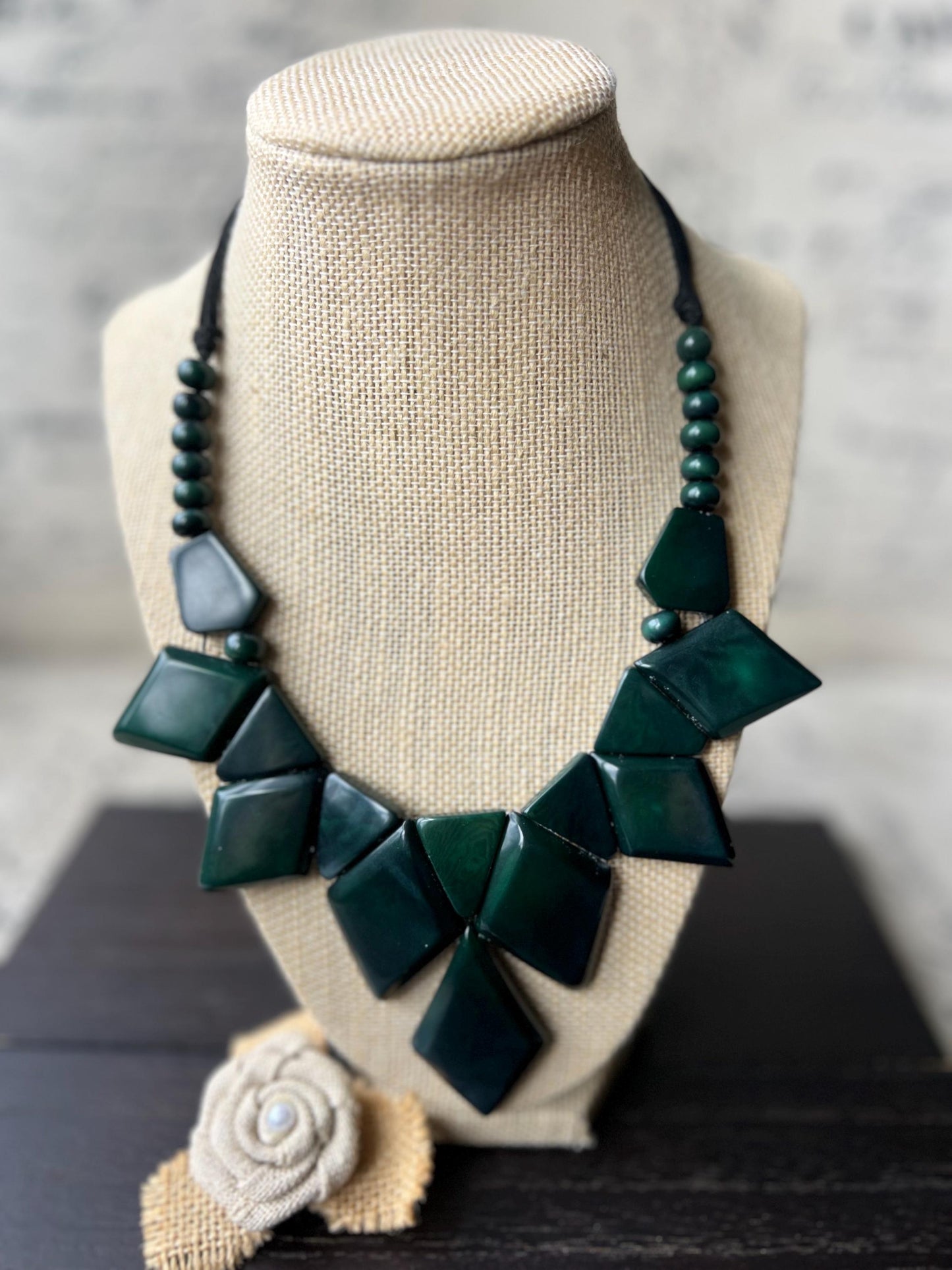 Dark green statement necklace Tagua nut jewelry Art to wear Mother’s Day gifts Handmade beaded necklace Adjustable cord Beaded necklaces