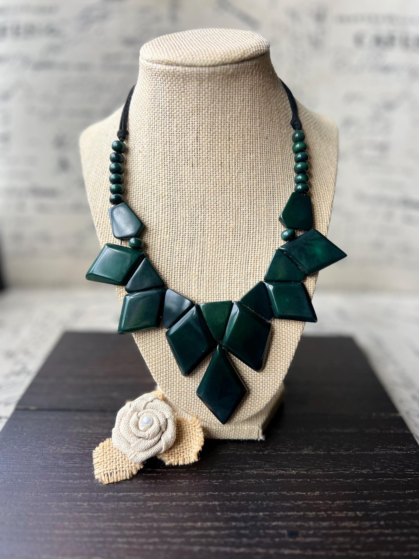 Dark green statement necklace Tagua nut jewelry Art to wear Mother’s Day gifts Handmade beaded necklace Adjustable cord Beaded necklaces
