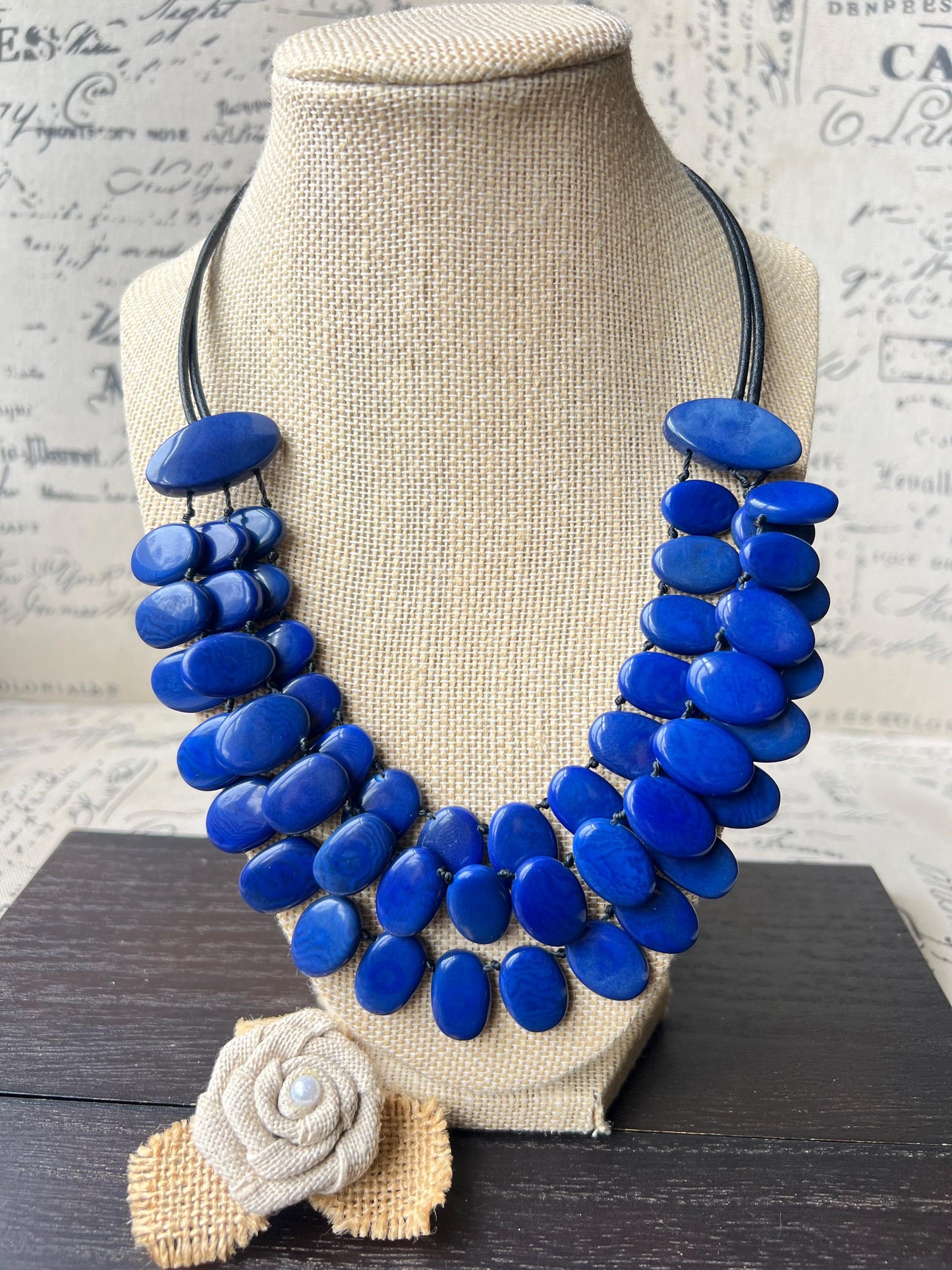 Royal blue statement necklace Tagua jewelry Fall fashion 2025Big bold necklaces Fall fashion Wearable art Artsy gifts Multi layer necklace