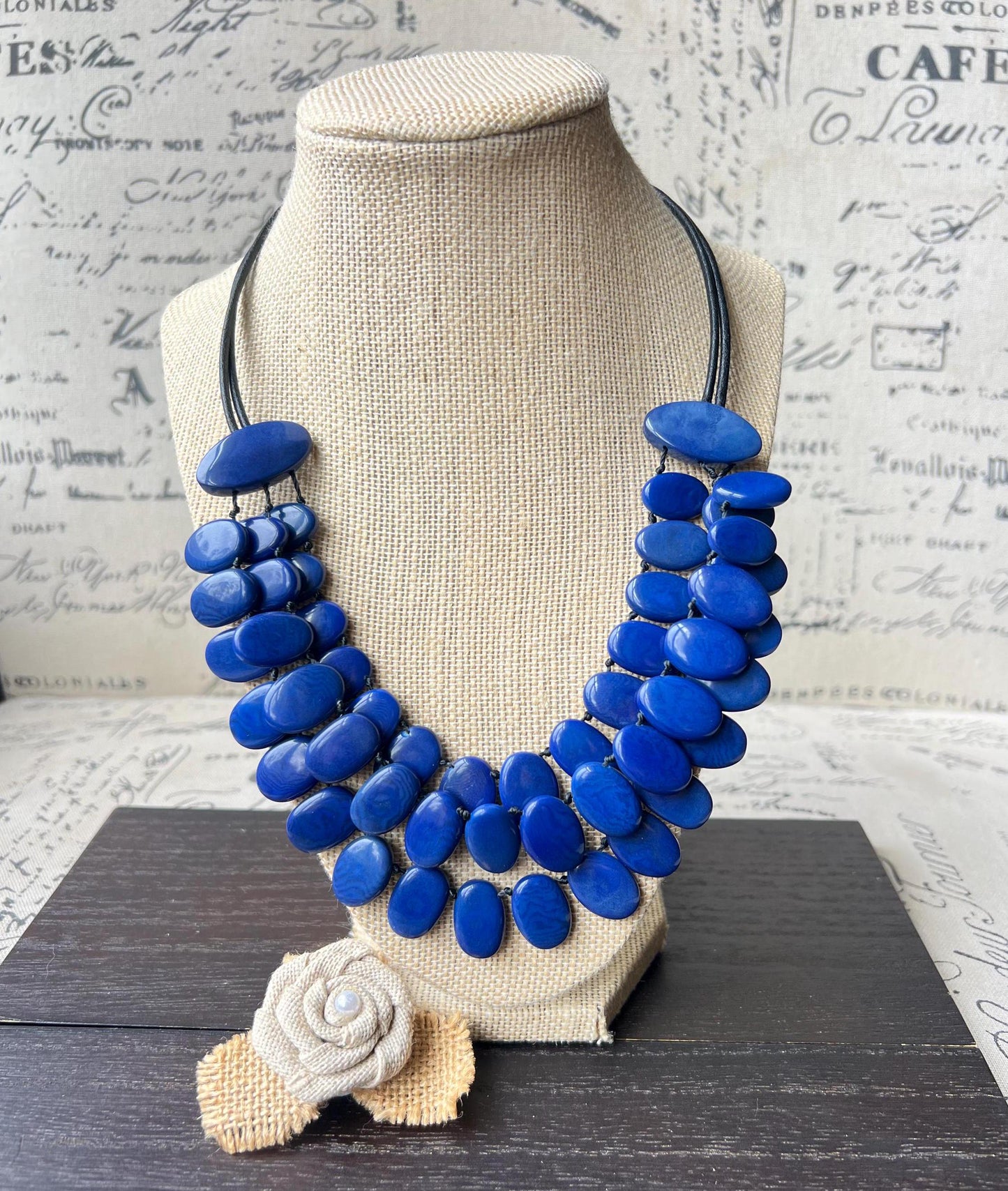 Royal blue necklace.
Statement necklace.
Tagua nut necklace.
Kevin blue necklace.
Statement jewelry