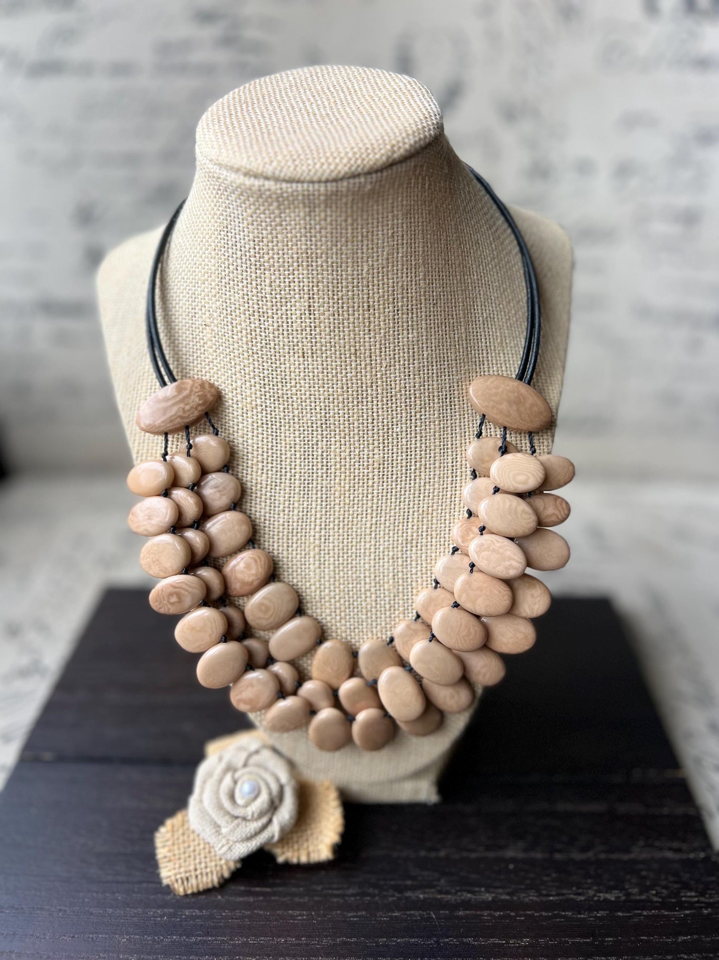 Beige statement necklace Tagua jewelry Big bold necklaces Artsy gifts Fall fashion Wearable art Multi layer necklace Elegant beaded bib