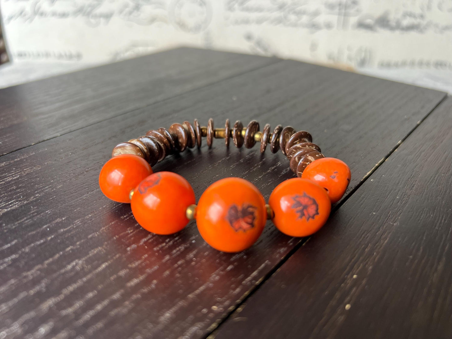 Orange beaded bracelet Tagua nut jewelry Coconut bracelet Artsy gifts Fun unusual bracelet Art to wear Mother’s Day gifts Easter basket
