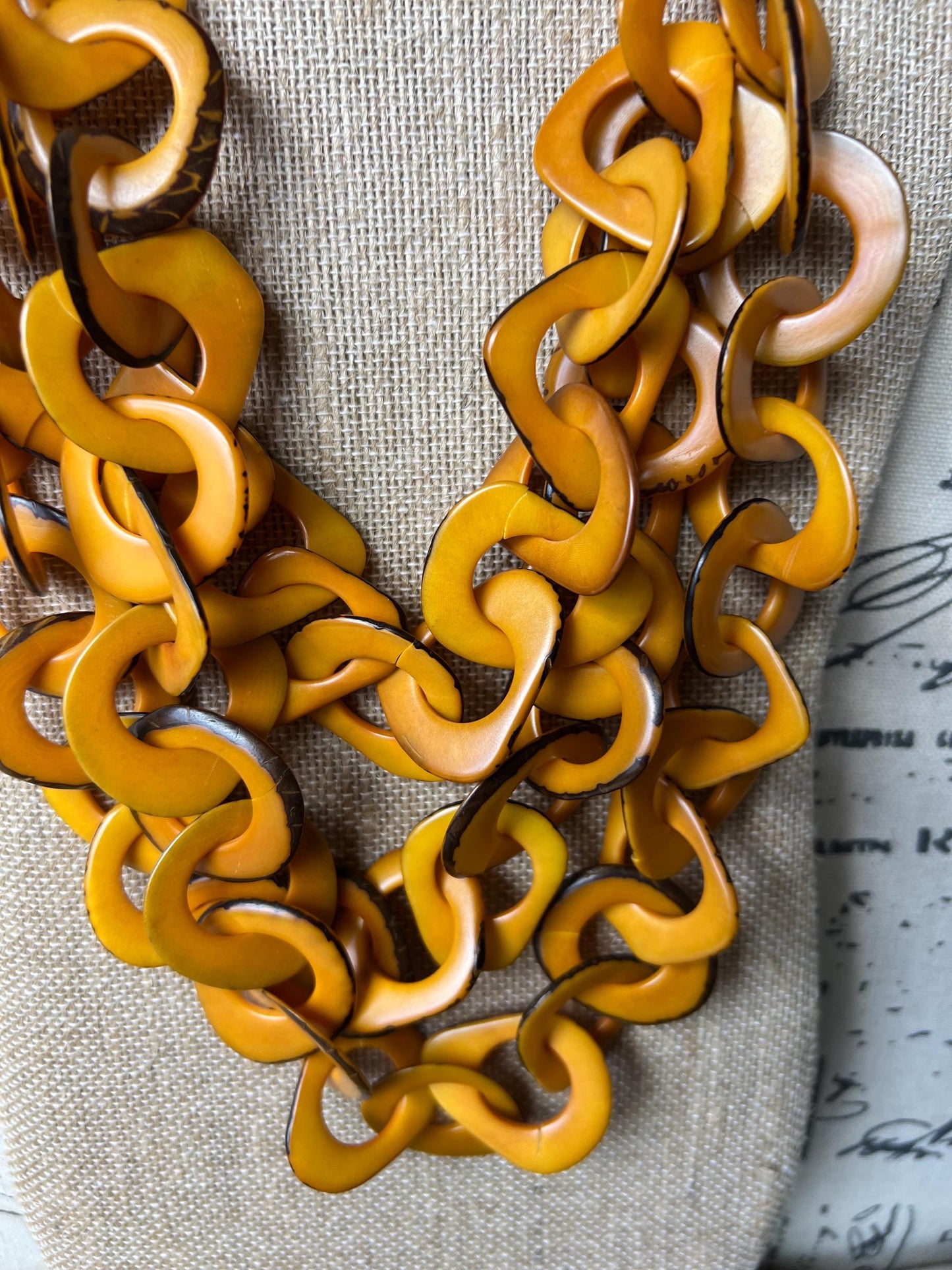 Mustard Yellow Tagua Necklace, Bold Interlocked Loops, Chunky Chain Beaded Necklace