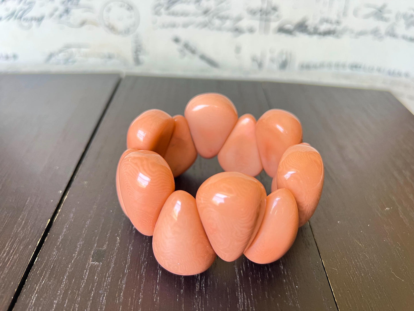 Peach color statement bracelet Mothers day gifts Tagua bracelet Thick chunky bangles Elastic stretch bracelet Art to wear Handmade beaded