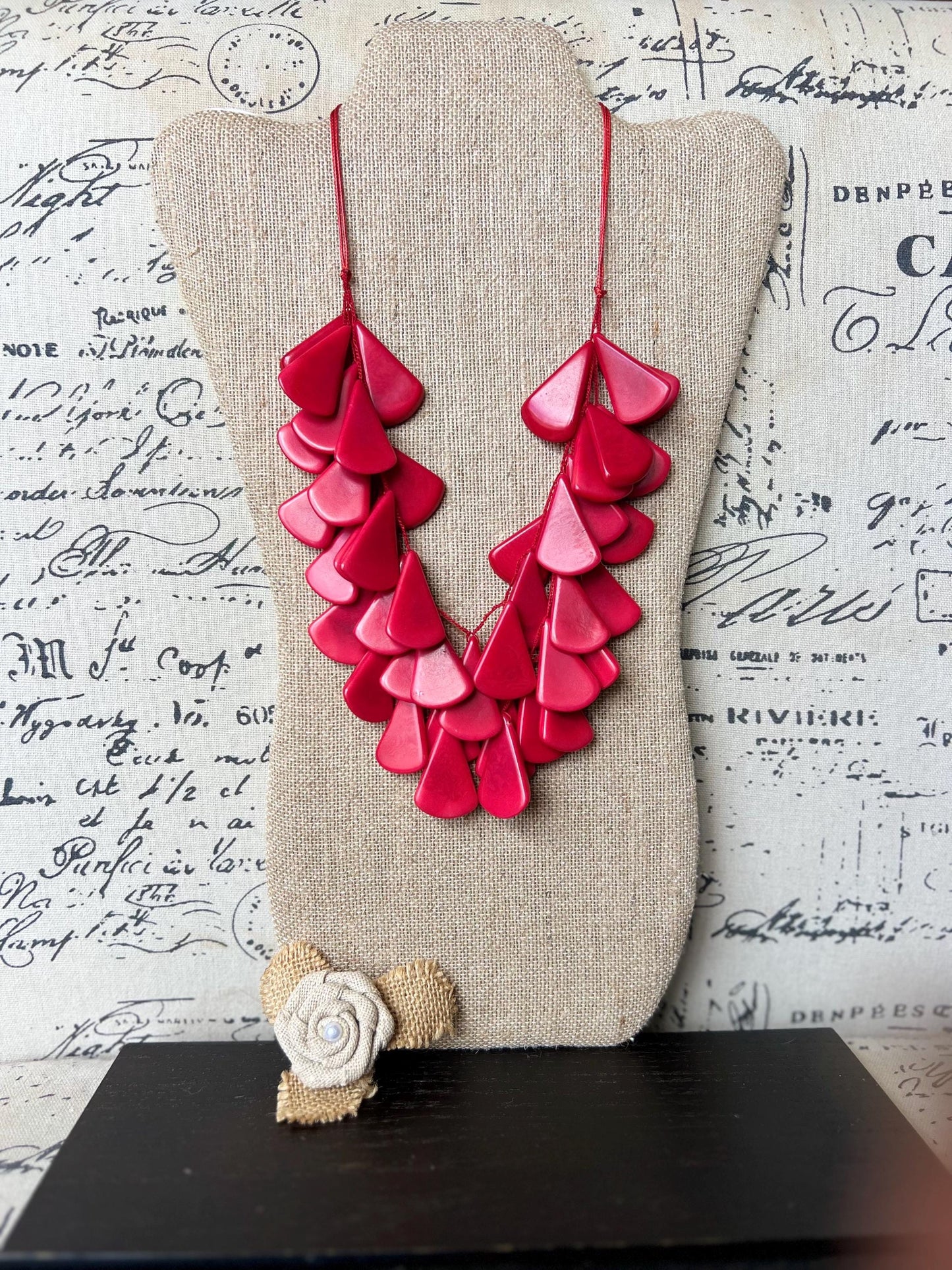 Red waterfall necklace Tagua jewelry Fall fashion 2025s Big bold necklaces Multi layer beaded necklace Statement necklace Art to wear