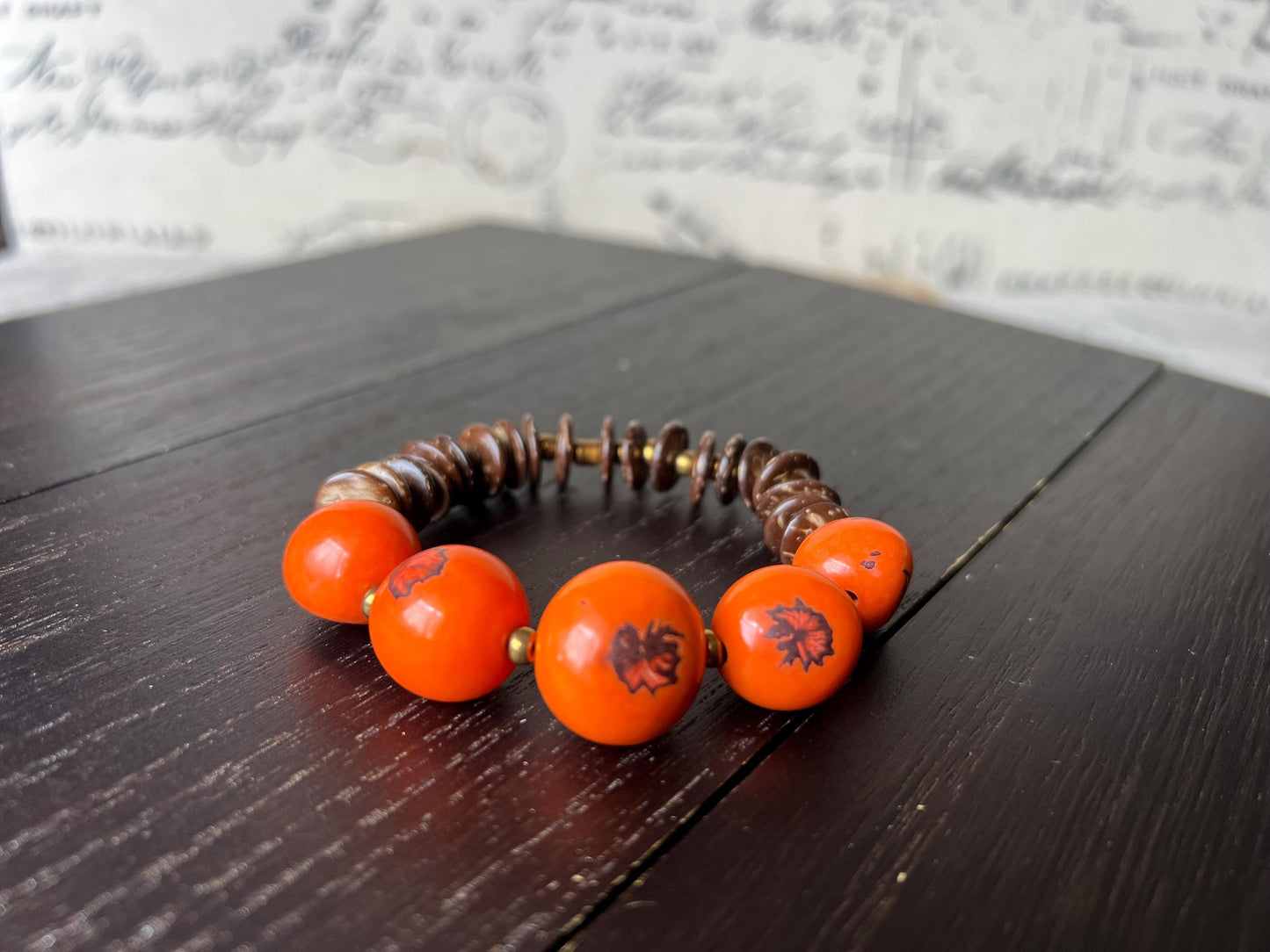Orange beaded bracelet Tagua nut jewelry Coconut bracelet Artsy gifts Fun unusual bracelet Art to wear Mother’s Day gifts Easter basket