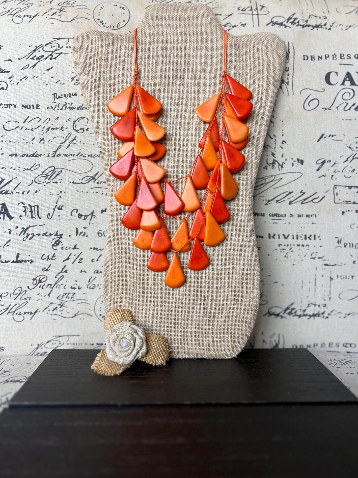 Orange waterfall necklace Mothers day gifts Tagua jewelry Big bold necklaces Multi layer beaded necklace Statement necklace Art to wear