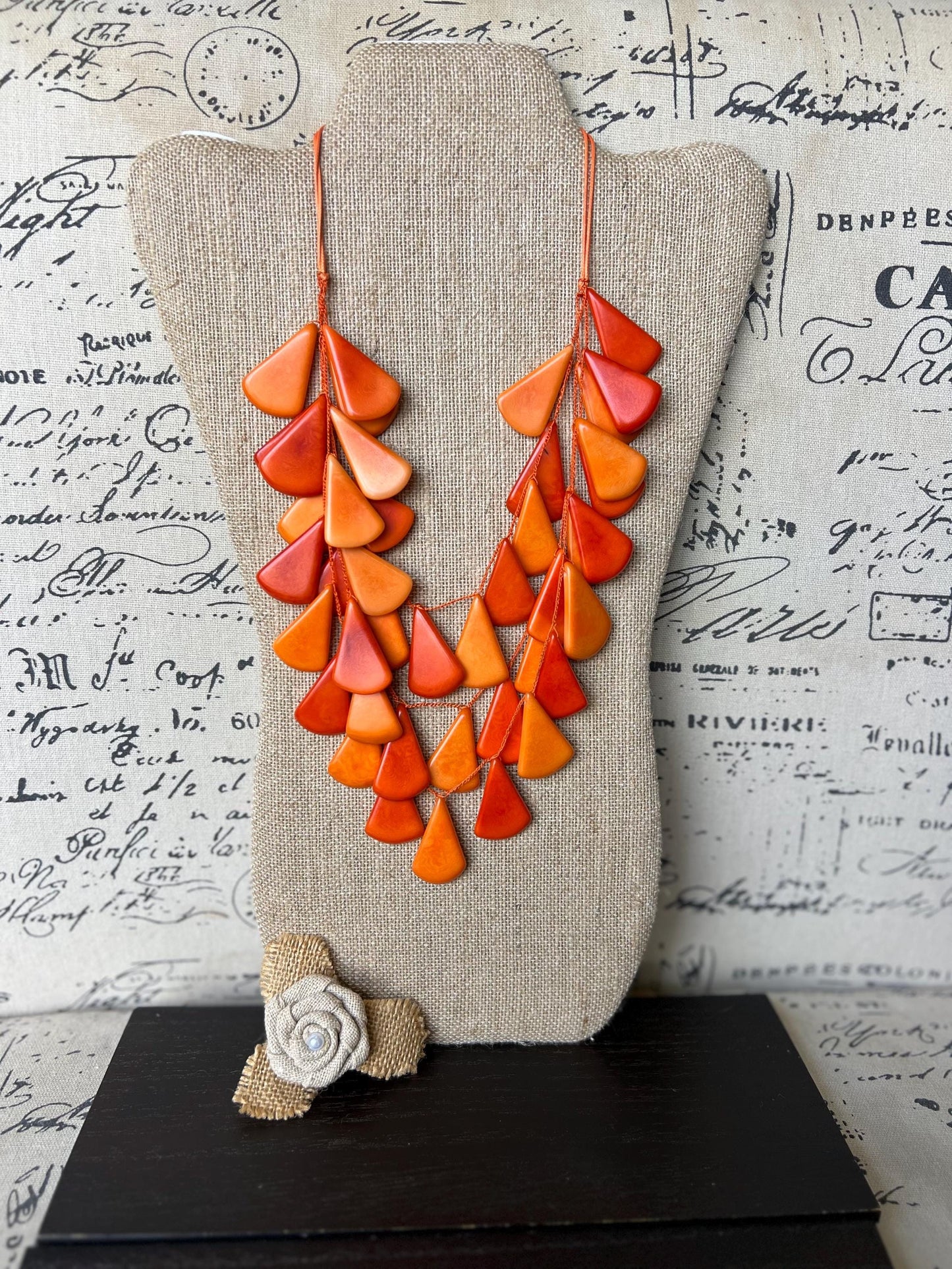 Orange waterfall necklace Fall fashion 2025s Tagua jewelry Big bold necklaces Multi layer beaded necklace Statement necklace Art to wear