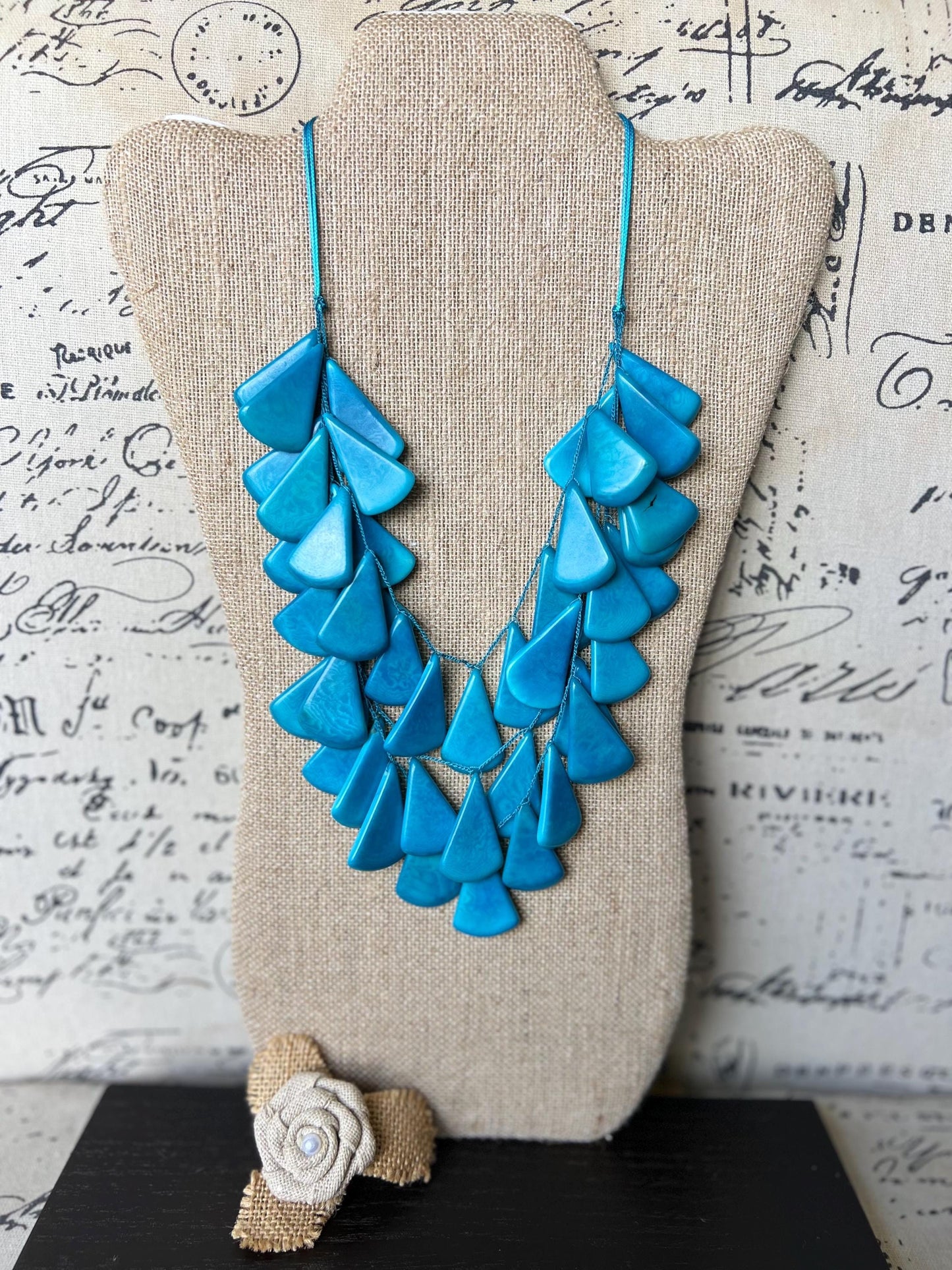 Turquoise blue waterfall necklace Tagua jewelry Multi layer statement necklace Adjustable cord Big bold necklace Art to wear Fall fashion