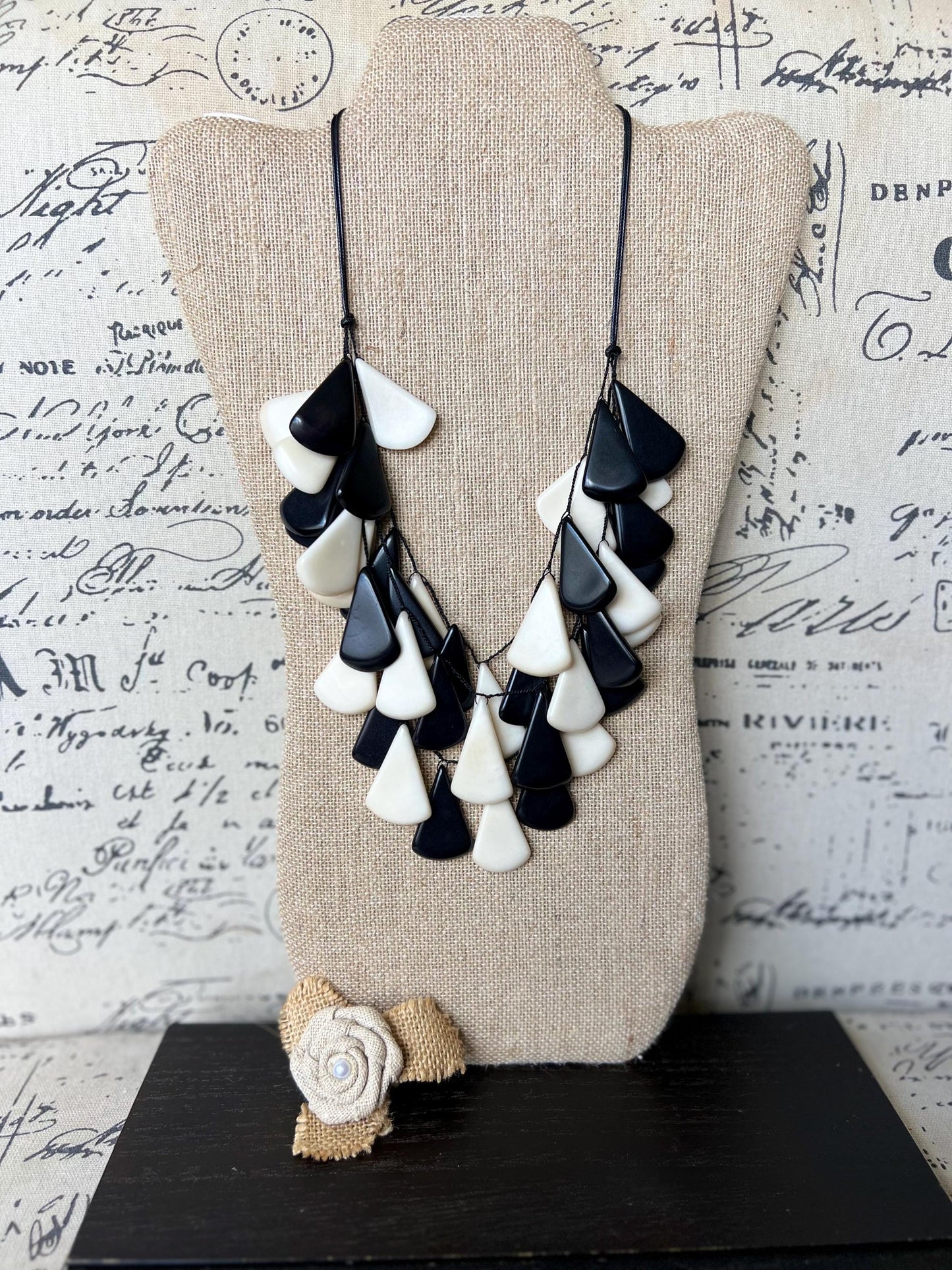 Black and white waterfall necklace Tagua jewelry Mothers day gifts Big bold necklaces Multi layer beaded necklace Art to wear Summer fashion