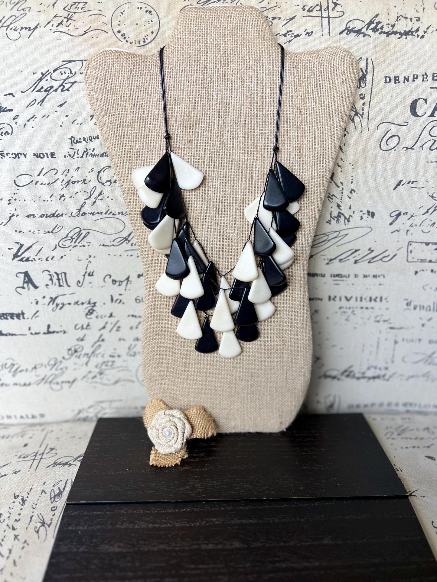 Black and white waterfall necklace Tagua jewelry Mothers day gifts Big bold necklaces Multi layer beaded necklace Art to wear Summer fashion