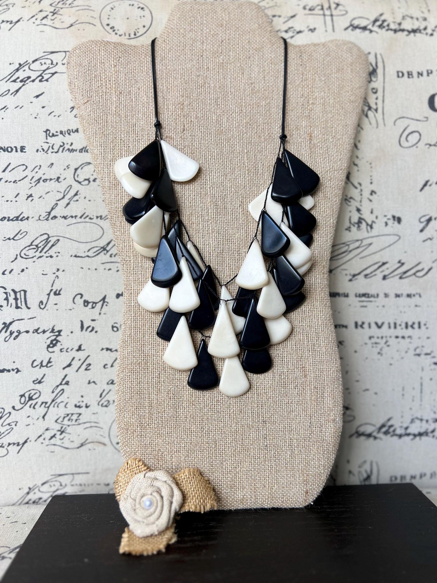 Black and white waterfall necklace Tagua jewelry Mothers day gifts Big bold necklaces Multi layer beaded necklace Art to wear Summer fashion