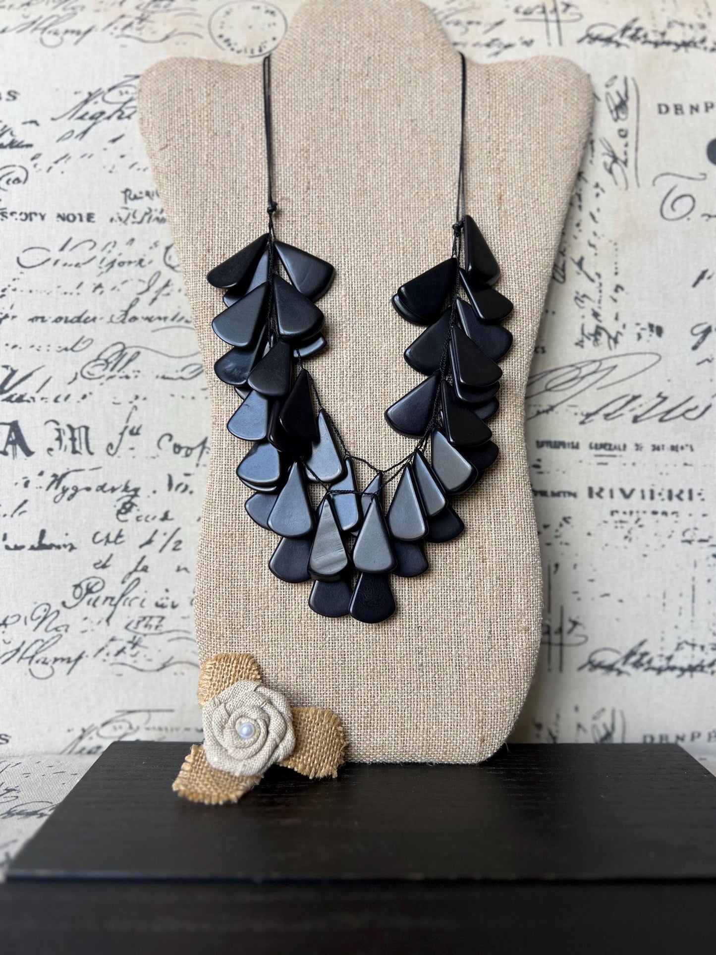 Black beaded waterfall necklace Tagua jewelry Mothers day gifts Big bold necklaces Multi layer statement necklace Art to wear Fall fashion