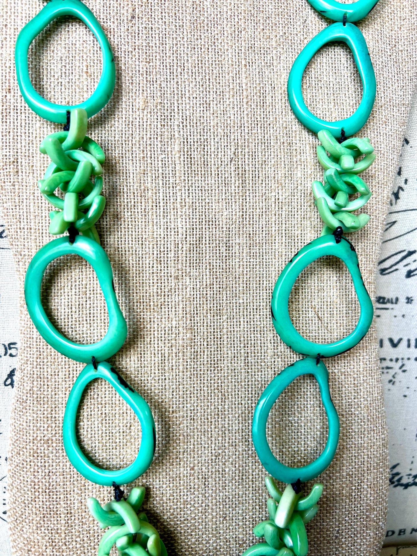 Turquoise green beaded necklace Tagua jewelry Fall fashion 2025 Fall fashion 2025s Statement bead necklace Lightweight jewelry Art to wear