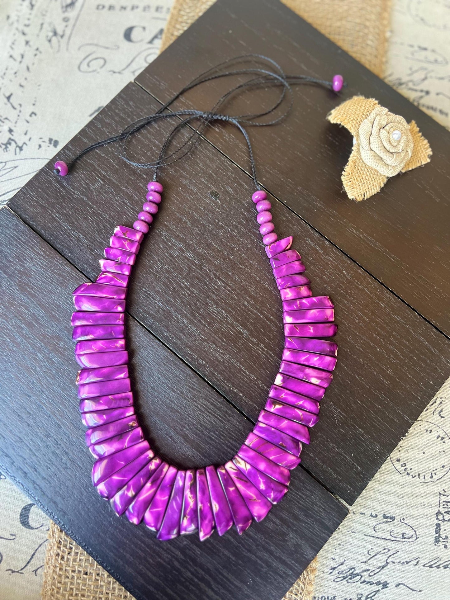 Purple statement necklace Adjustable cord Mothers day gifts Art to wear Spring fashion 2025 Handmade beaded necklace Wearable art