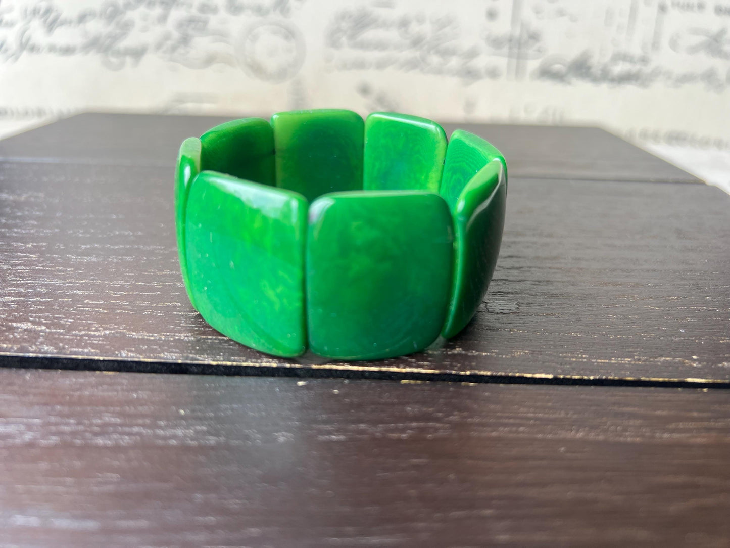 Green beaded bracelet Tagua nut jewelry Wide cuff bangle Fall fashion Art to wear Statement handmade bracelet Elastic stretch Art to wear