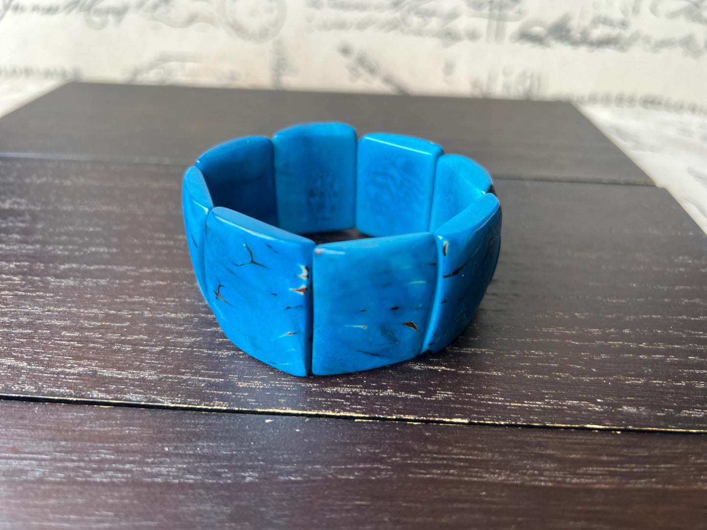 Blue huge statement bracelet Tagua jewelry Beaded stretch bangle Cuff bracelets Oversized beads Spring fashion Mothers day gifts Art to wear