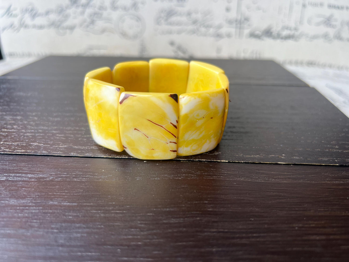 Yellow huge statement bracelet Tagua jewelry Beaded stretch bangle Elastic stretch cuff bracelets Oversized beads Art to wear Spring fashion