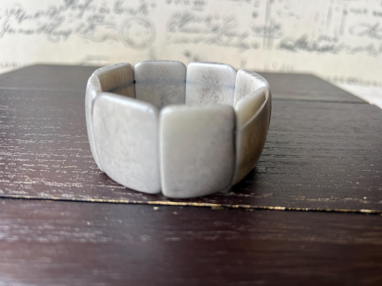 Grey beaded bracelet Tagua nut jewelry Wide cuff bangle Spring fashion Art to wear Elastic stretch bracelet Mothers day gift Art to wear