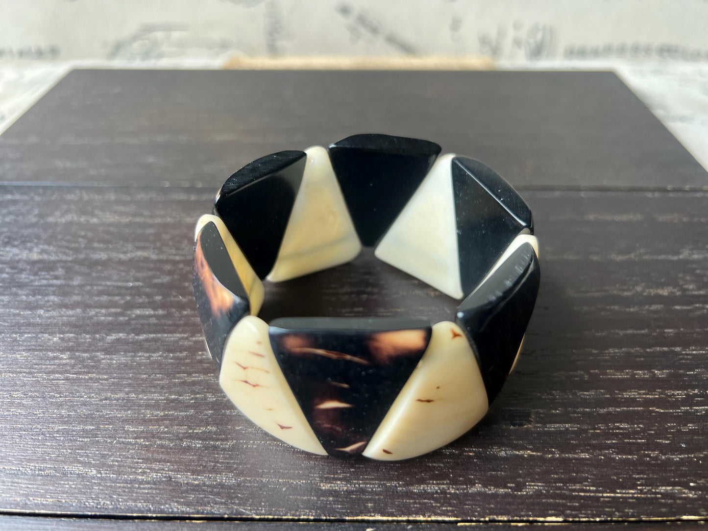 Black and white bracelet tagua jewelry Beaded stretch bangle Elastic stretch bracelet Statement beaded bangle Wearable art Summer fashion