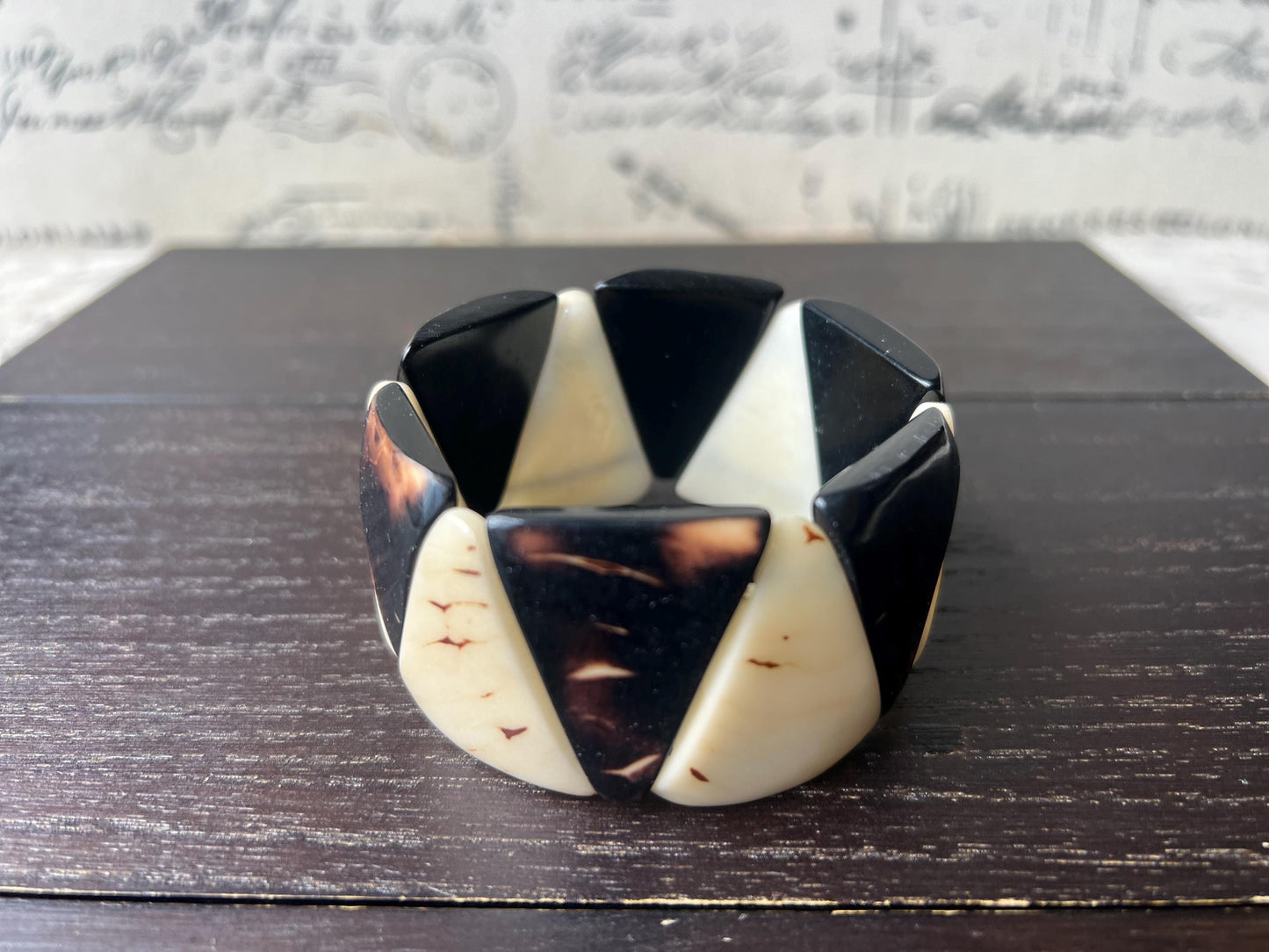 Black and white bracelet tagua jewelry Beaded stretch bangle Elastic stretch bracelet Statement beaded bangle Wearable art Fall fashion