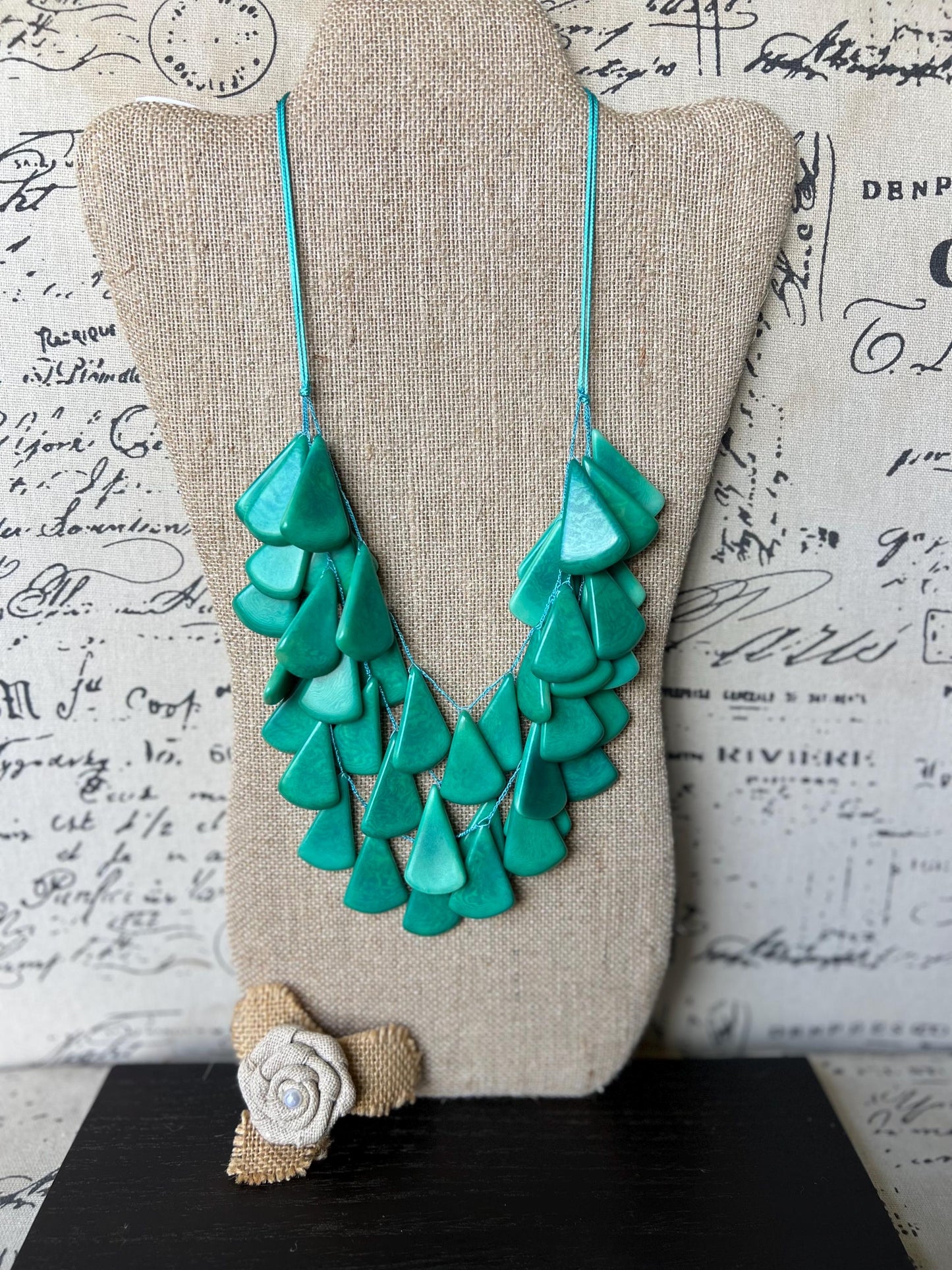 Teal green waterfall necklace Tagua jewelry Big bold necklaces Multi layer beaded necklace Mothers day gifts Statement necklace Art to wear