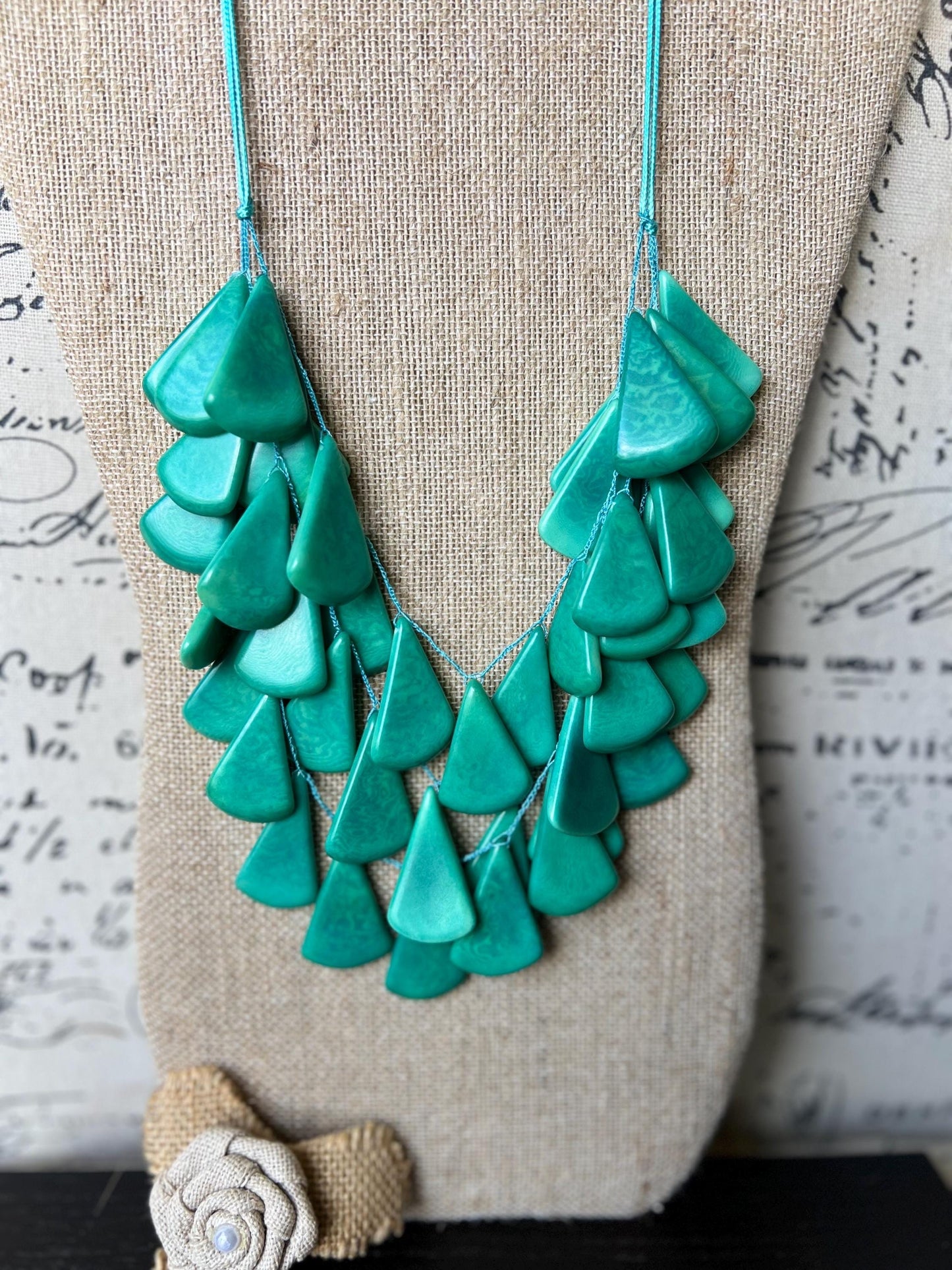 Teal green waterfall necklace Tagua jewelry Big bold necklaces Multi layer beaded necklace Mothers day gifts Statement necklace Art to wear