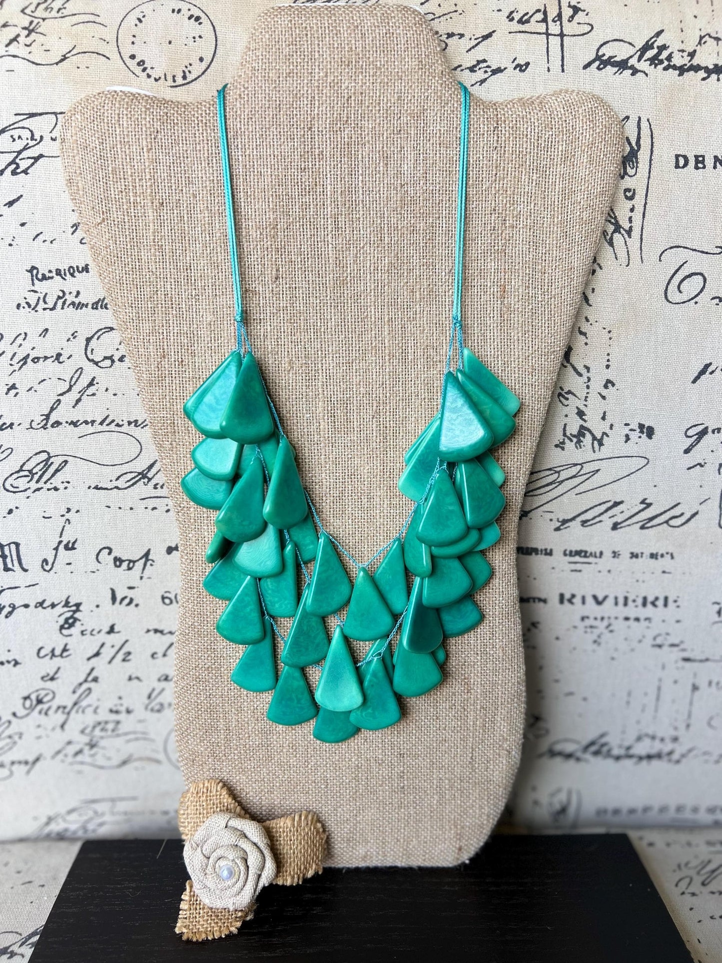 Teal green waterfall necklace Tagua jewelry Big bold necklaces Multi layer beaded necklace Fall fashion 2025s Statement necklace Art to wear