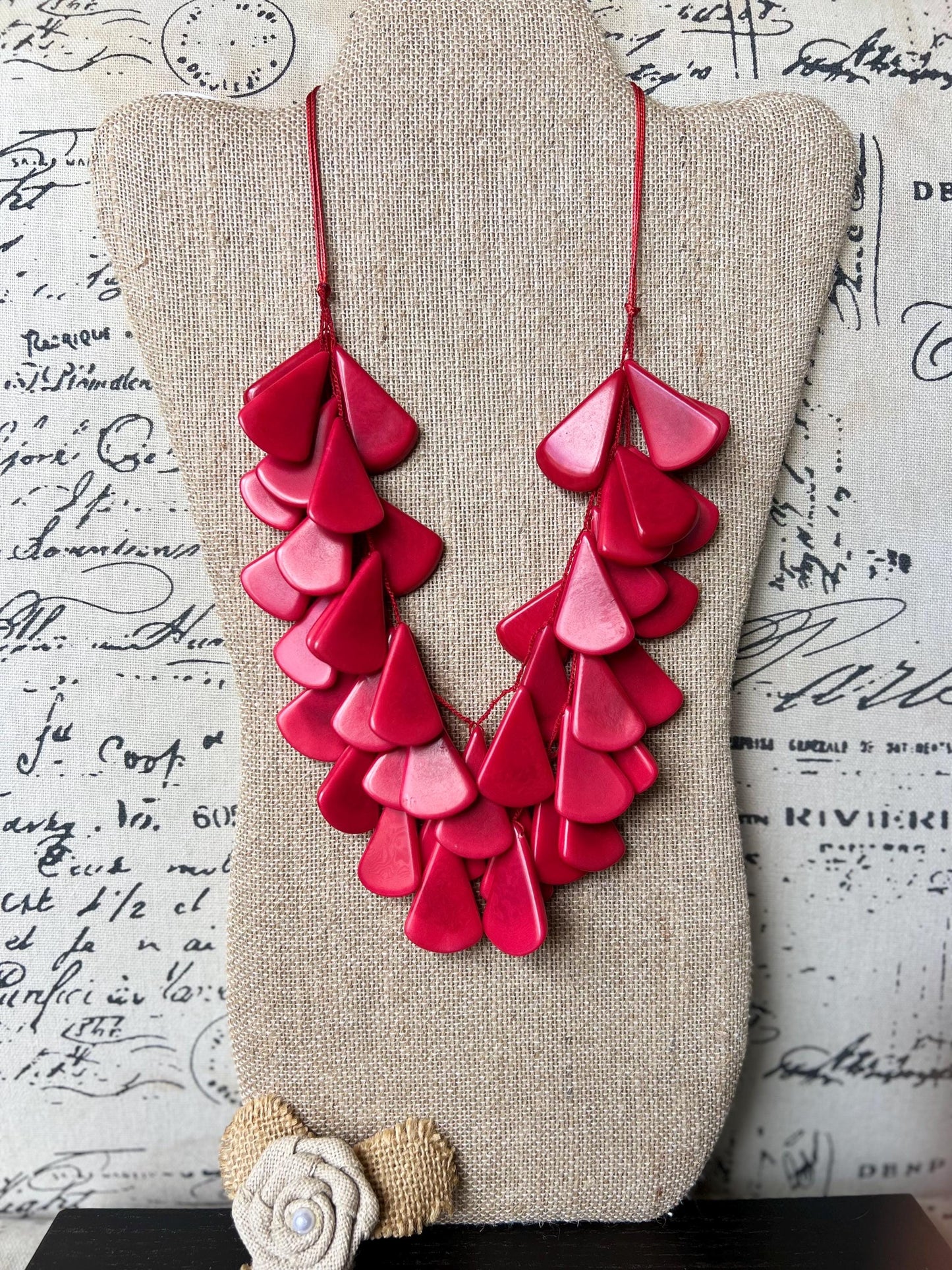 Red waterfall necklace Tagua jewelry Mothers day gifts Big bold necklaces Multi layer beaded necklace Statement necklace Art to wear