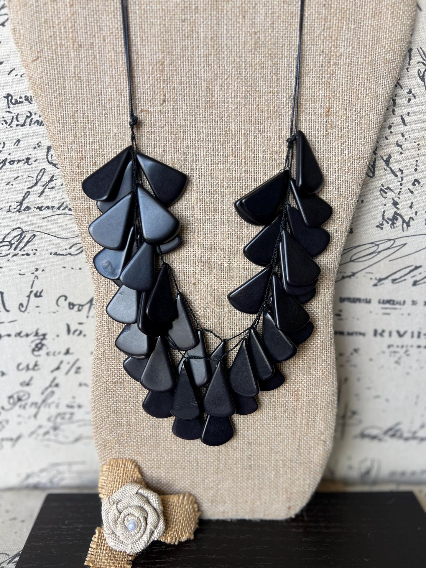 Black beaded waterfall necklace Tagua jewelry Mothers day gifts Big bold necklaces Multi layer statement necklace Art to wear Spring fashion