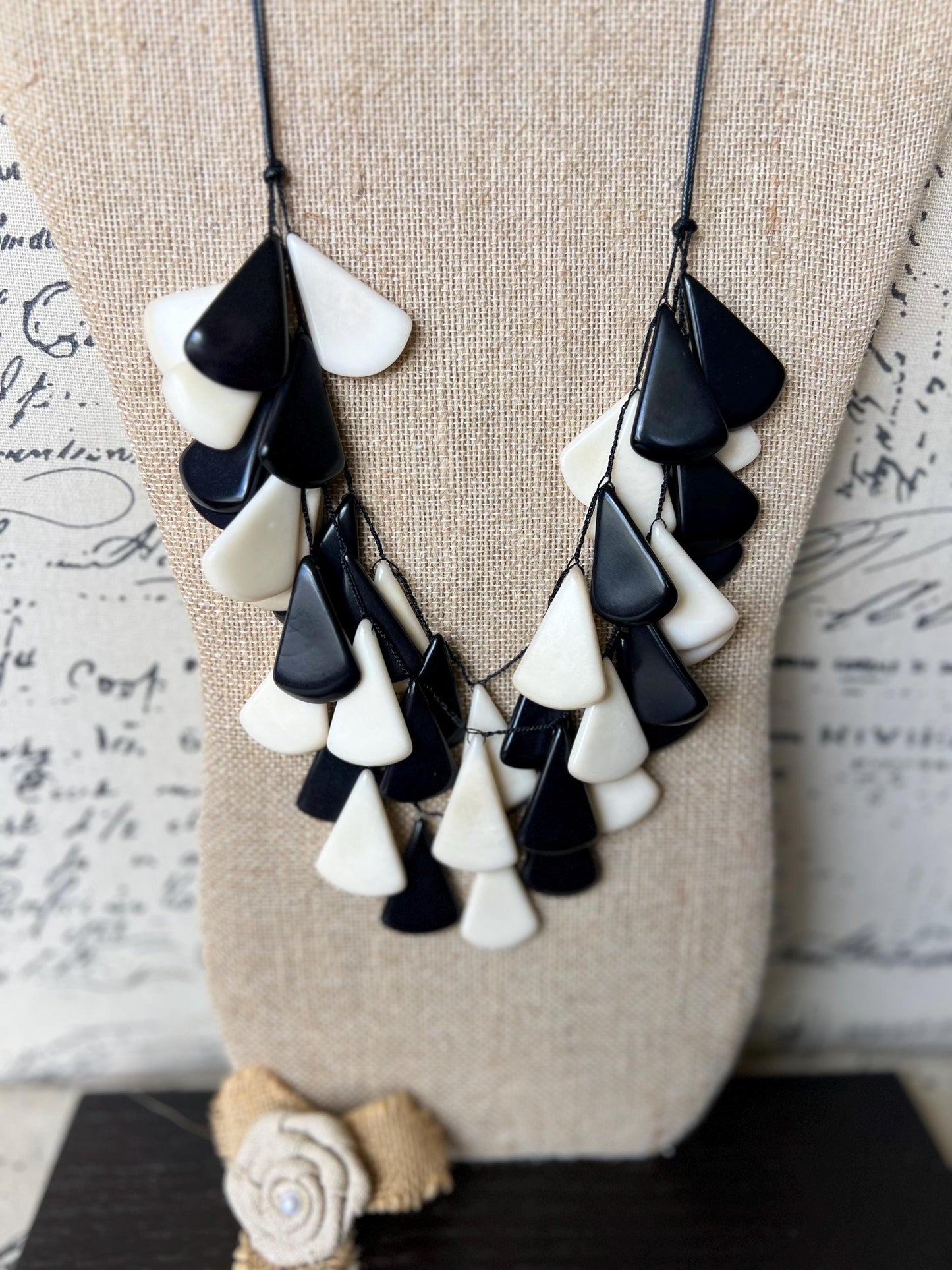Black and white waterfall necklace Tagua jewelry Mothers day gifts Big bold necklaces Multi layer beaded necklace Art to wear Summer fashion