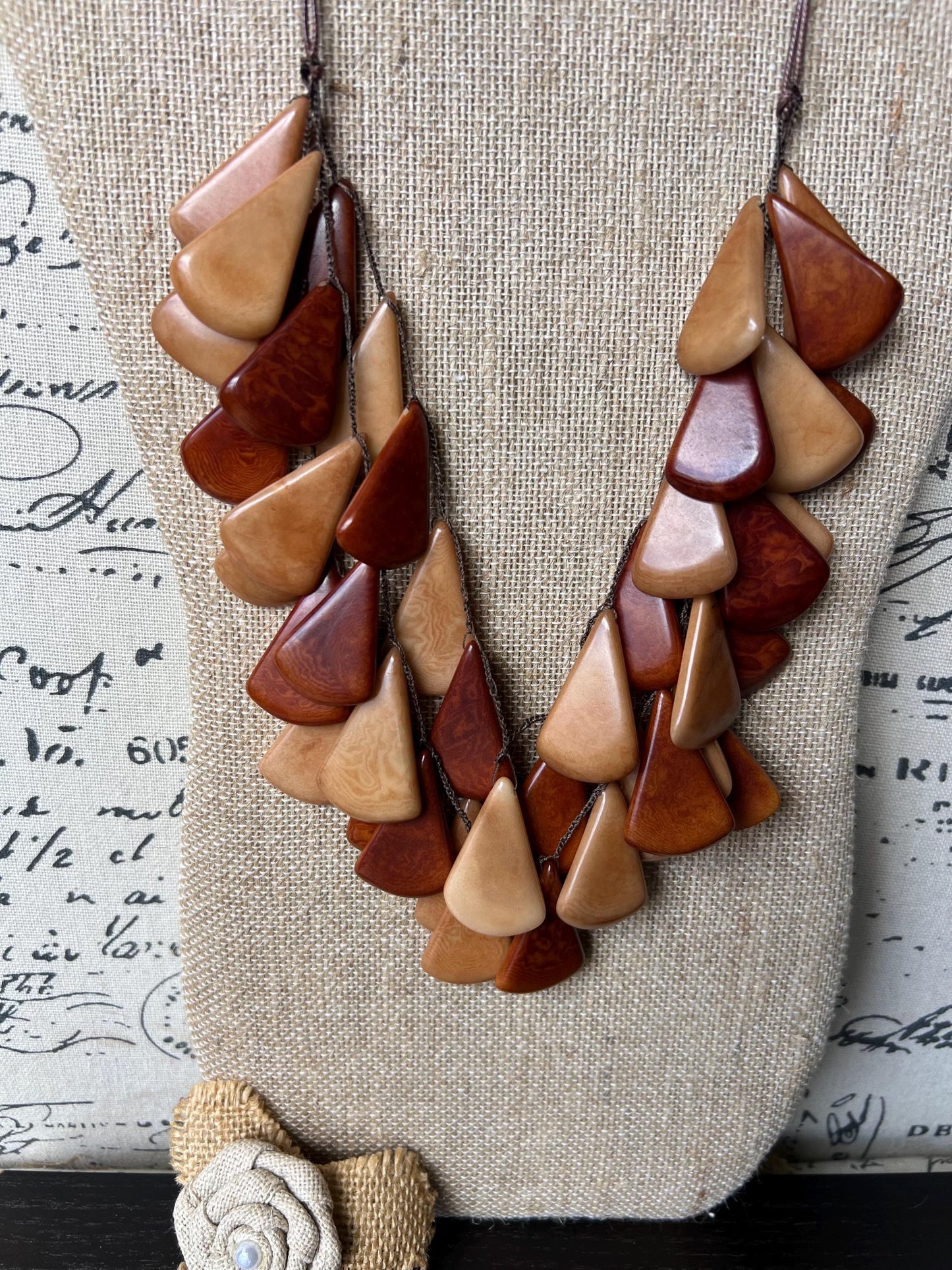 Brown waterfall necklace Mothers day gran gift Tagua jewelry Big bold necklaces Multi layer statement necklace Summer style women over 50