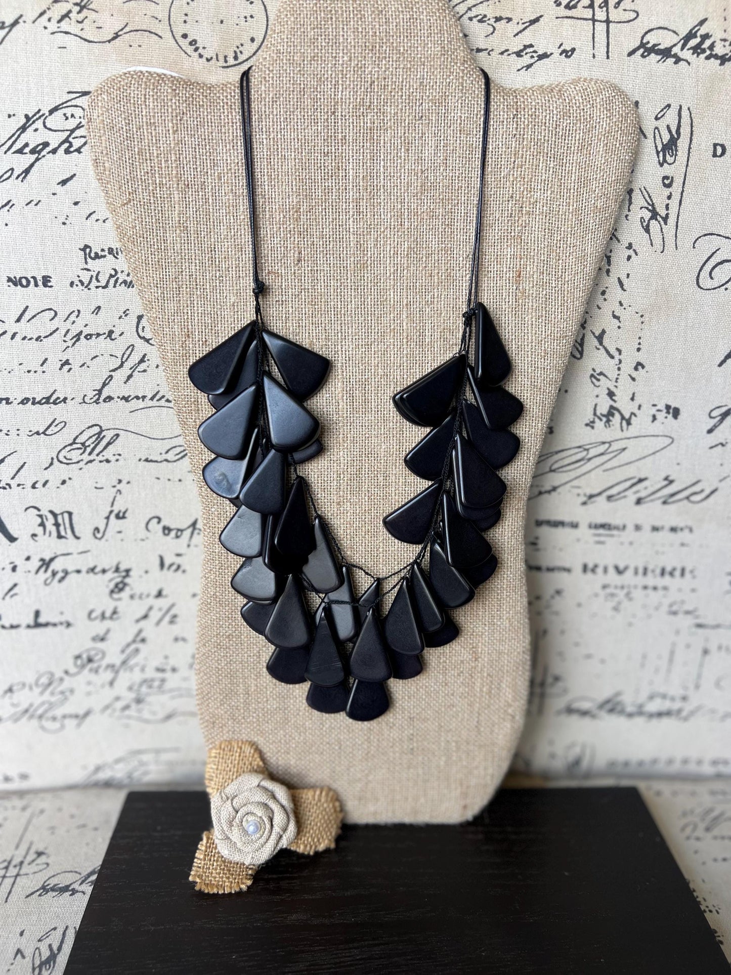 Black beaded waterfall necklace Tagua jewelry Mothers day gifts Big bold necklaces Multi layer statement necklace Art to wear Spring fashion