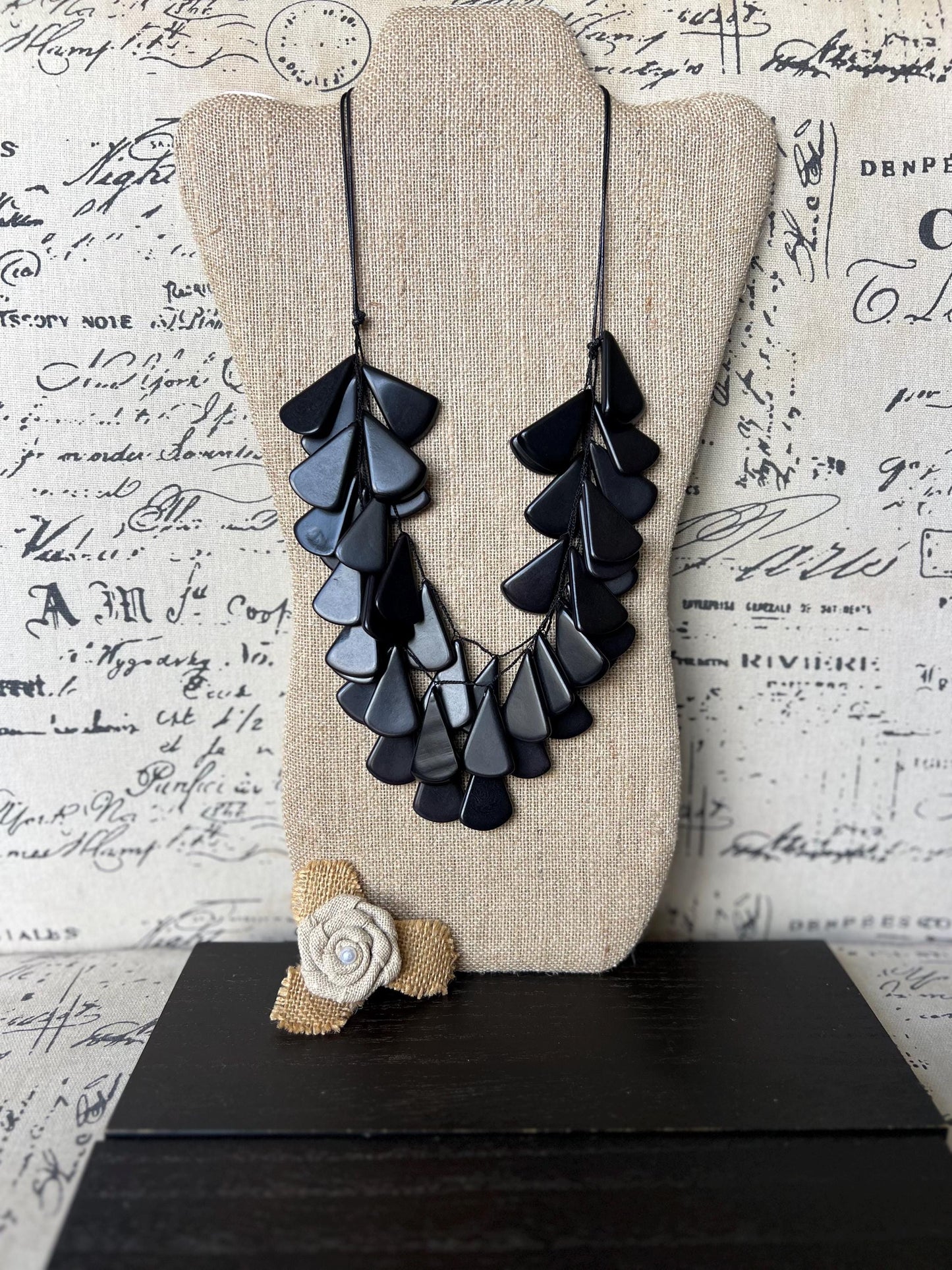 Black beaded waterfall necklace Tagua jewelry Mothers day gifts Big bold necklaces Multi layer statement necklace Art to wear Spring fashion
