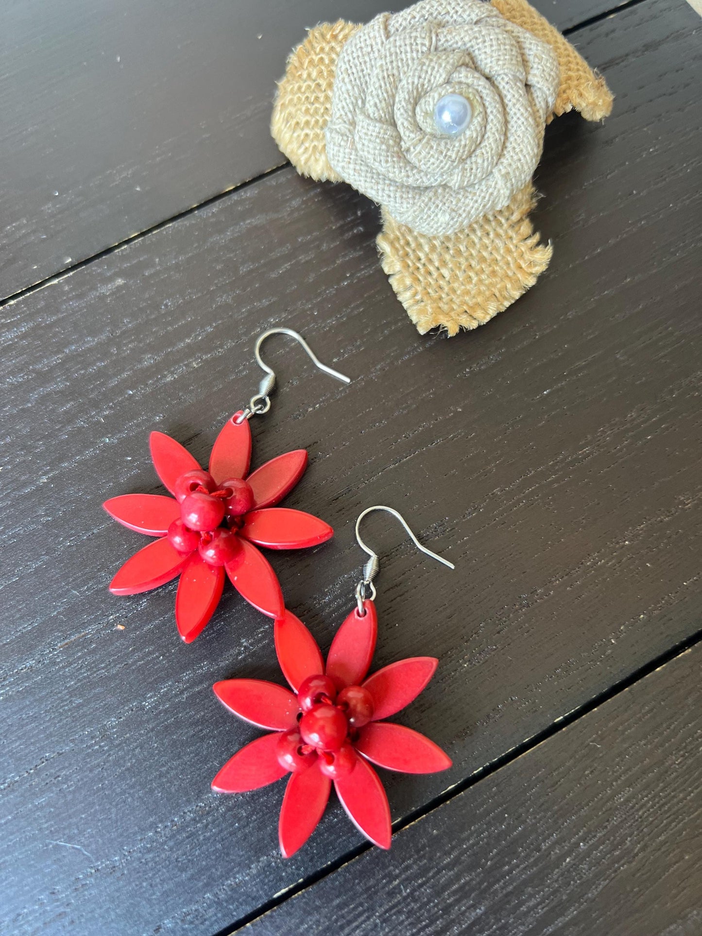 Flower beaded earrings Tagua earrings Big red earrings Handmade statement earrings Artsy gifts Fall fashion Cruise wear Wearable art