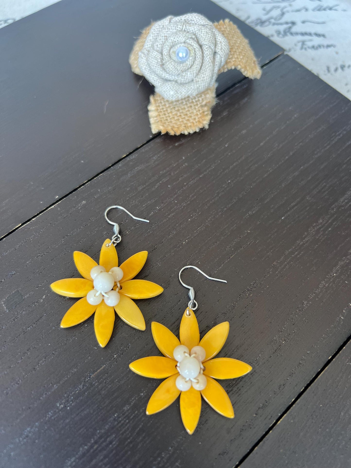 Yellow flower beaded earrings Tagua earrings Big statement earrings Handmade earrings Artsy gifts Summer fashion Cruise wear Wearable art