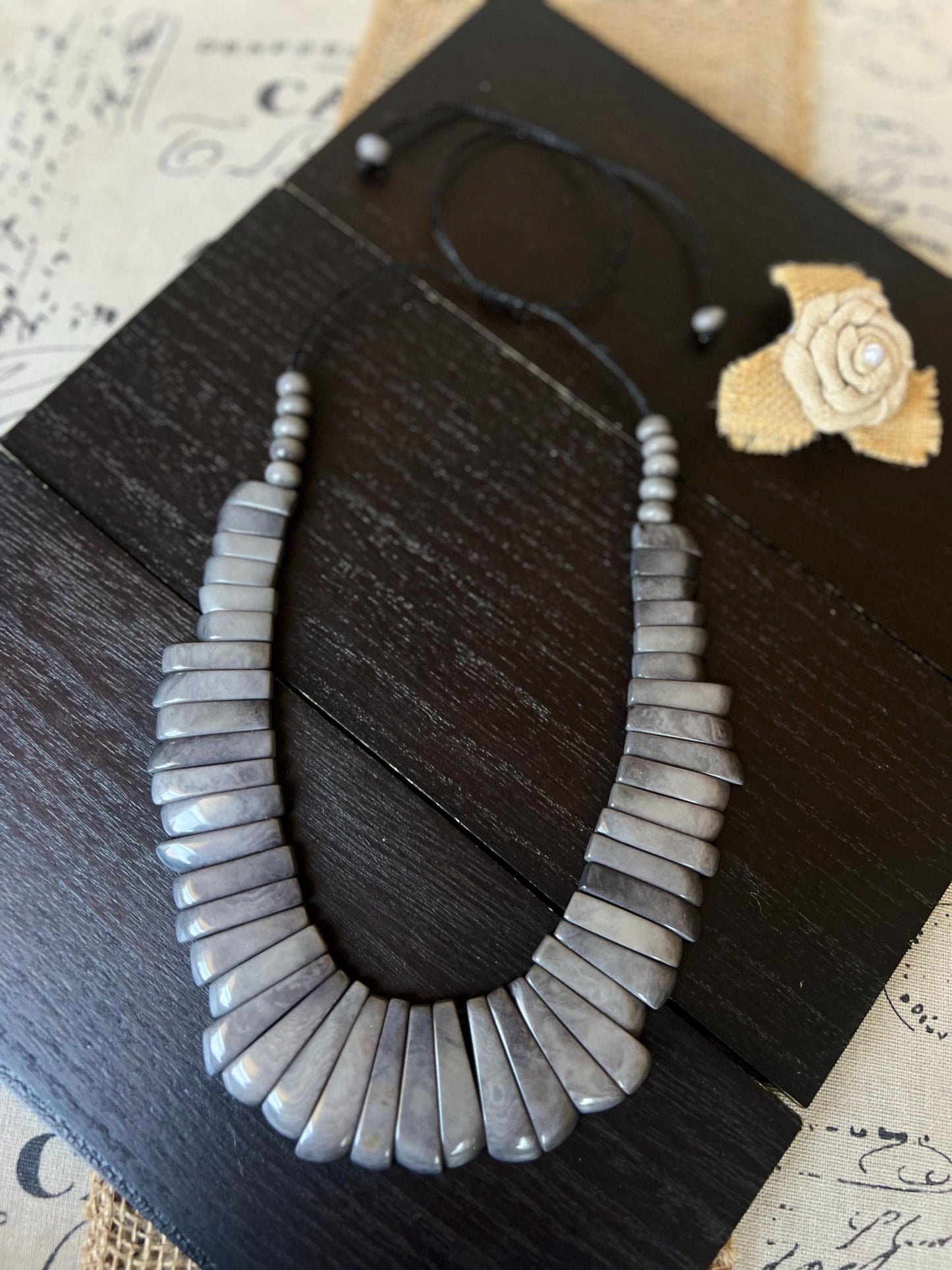 Gray statement necklace Adjustable cord Mothers day gifts Art to wear Spring fashion 2025 Art to wear Handmade beaded necklace Wearable art