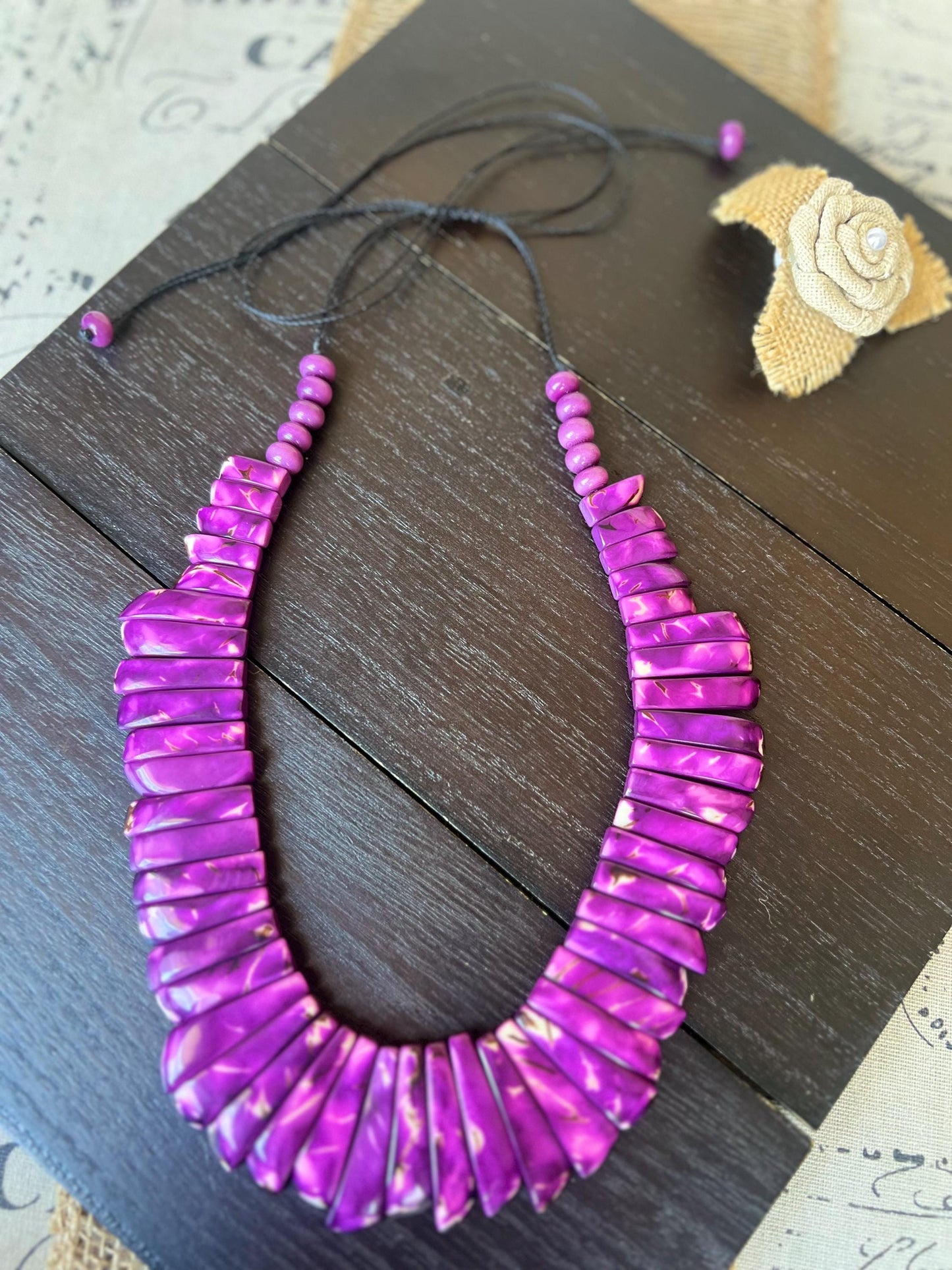 Purple statement necklace Adjustable cord Mothers day gifts Art to wear Spring fashion 2025 Handmade beaded necklace Wearable art