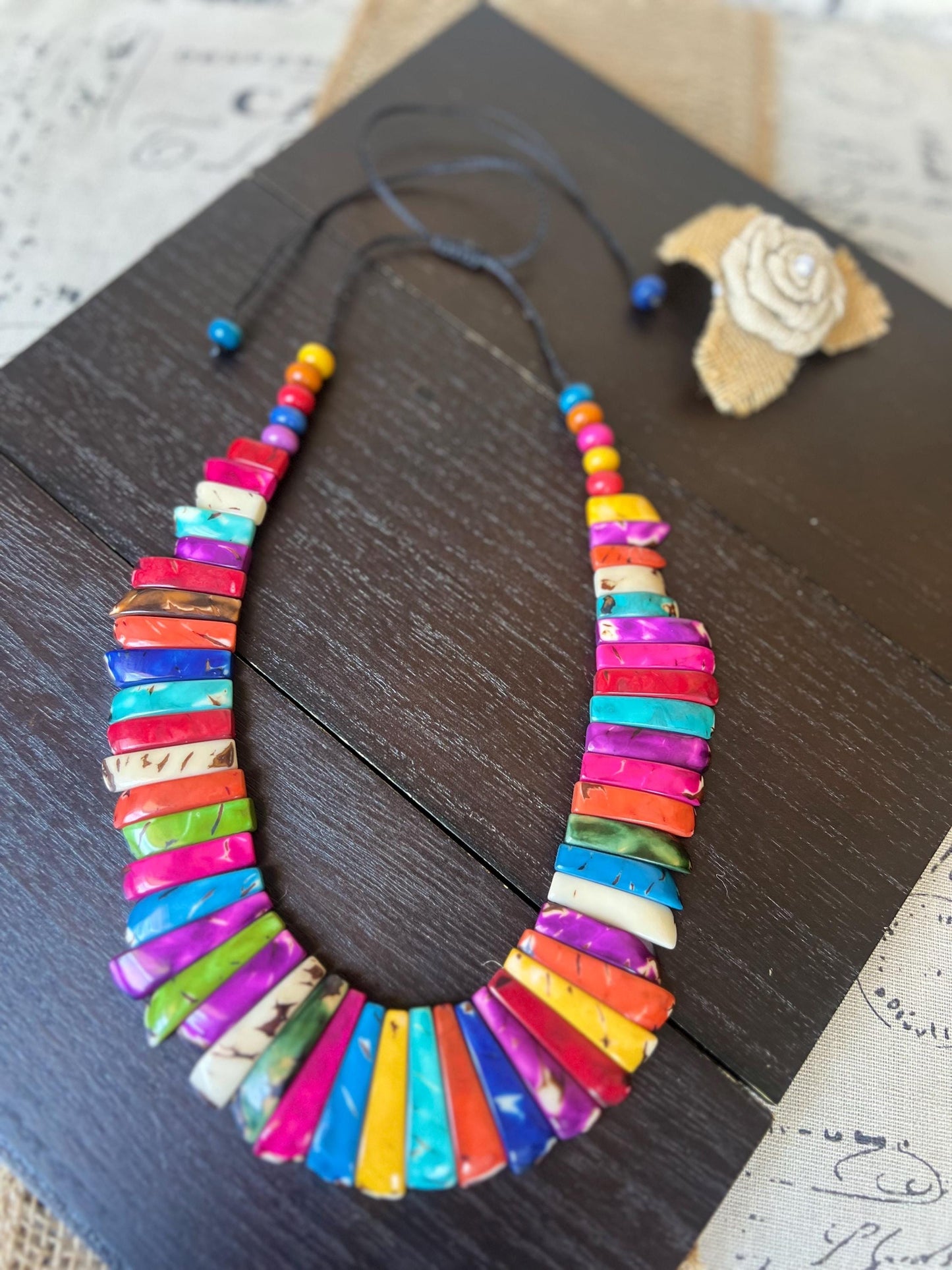 Rainbow statement necklace Adjustable cord Mothers day gifts Art to wear Spring fashion 2025 Handmade beaded necklace Wearable art