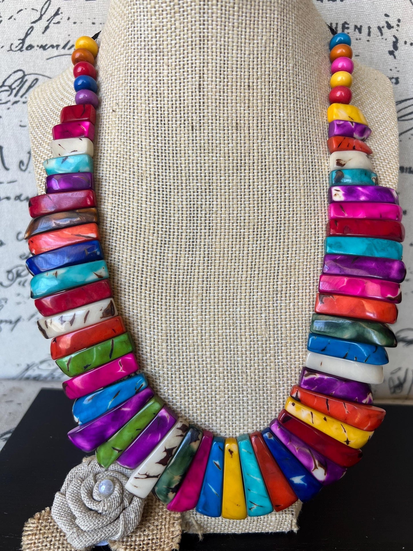 Rainbow statement necklace Adjustable cord Fall fashion 2025 Art to wear Handmade beaded necklace Wearable art Multicolor boho necklace
