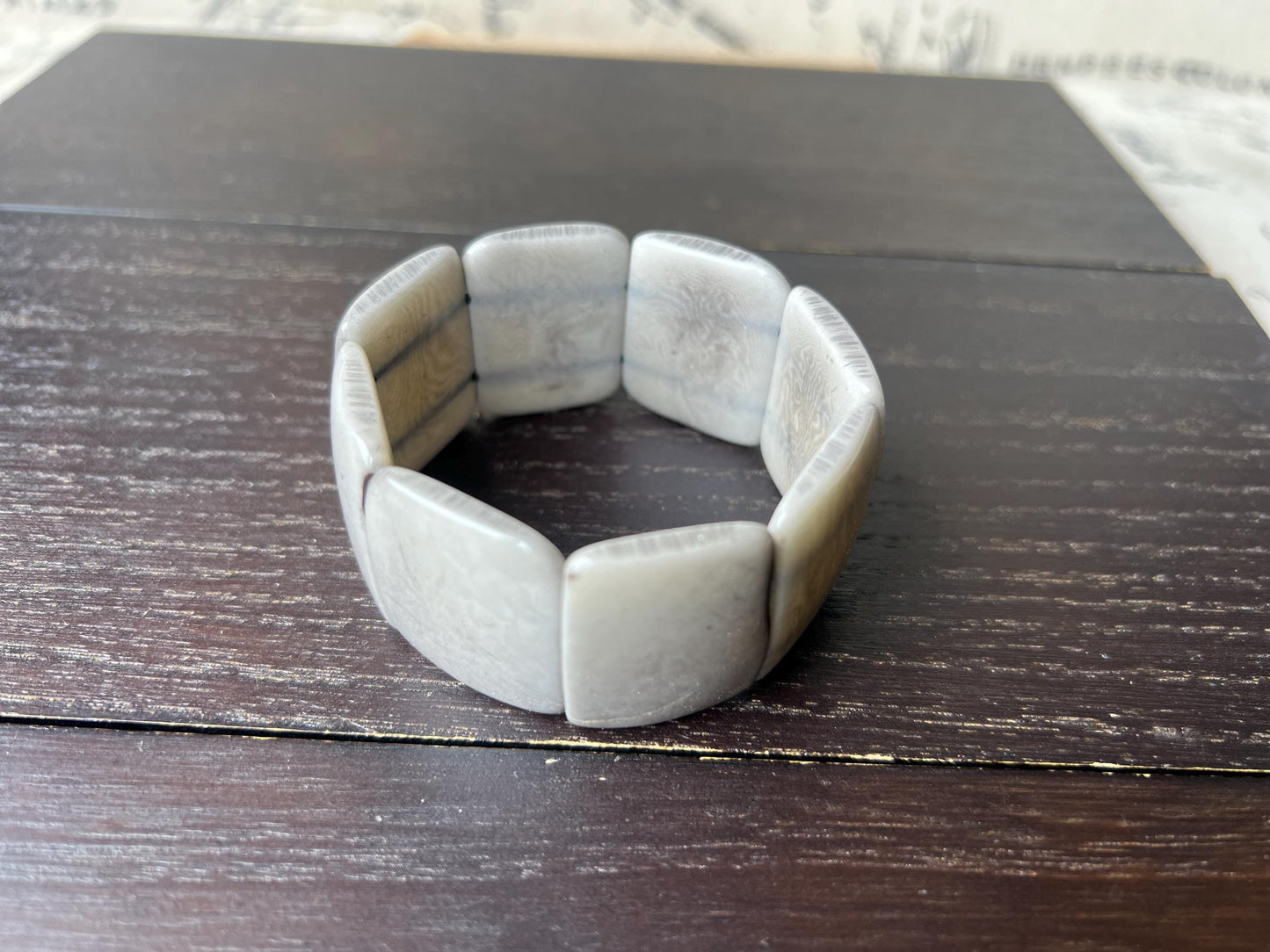 Grey beaded bracelet Tagua nut jewelry Wide cuff bangle Spring fashion Art to wear Elastic stretch bracelet Mothers day gift Art to wear