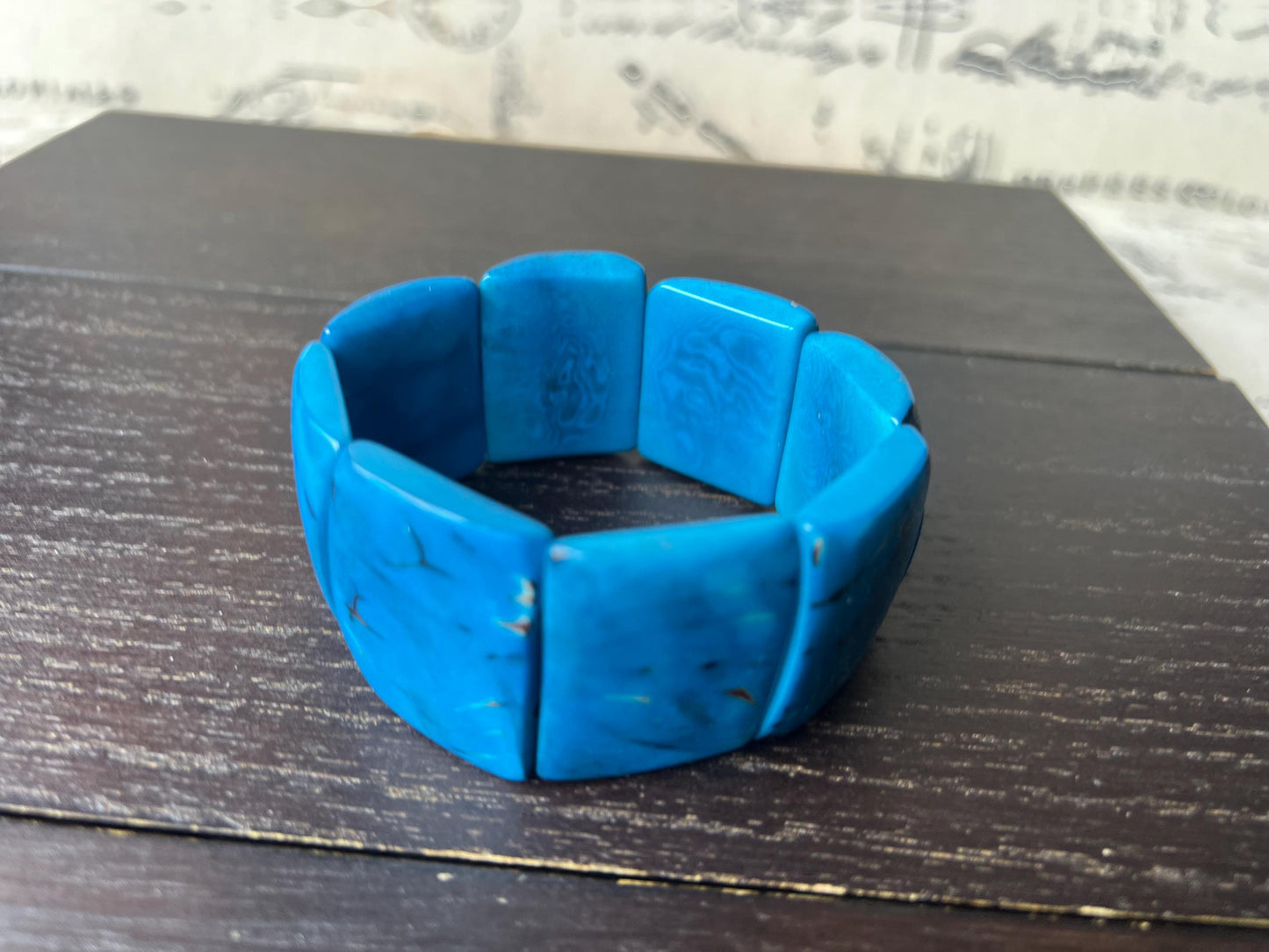 Blue huge statement bracelet Tagua jewelry Beaded stretch bangle Cuff bracelets Oversized beads Spring fashion Mothers day gifts Art to wear
