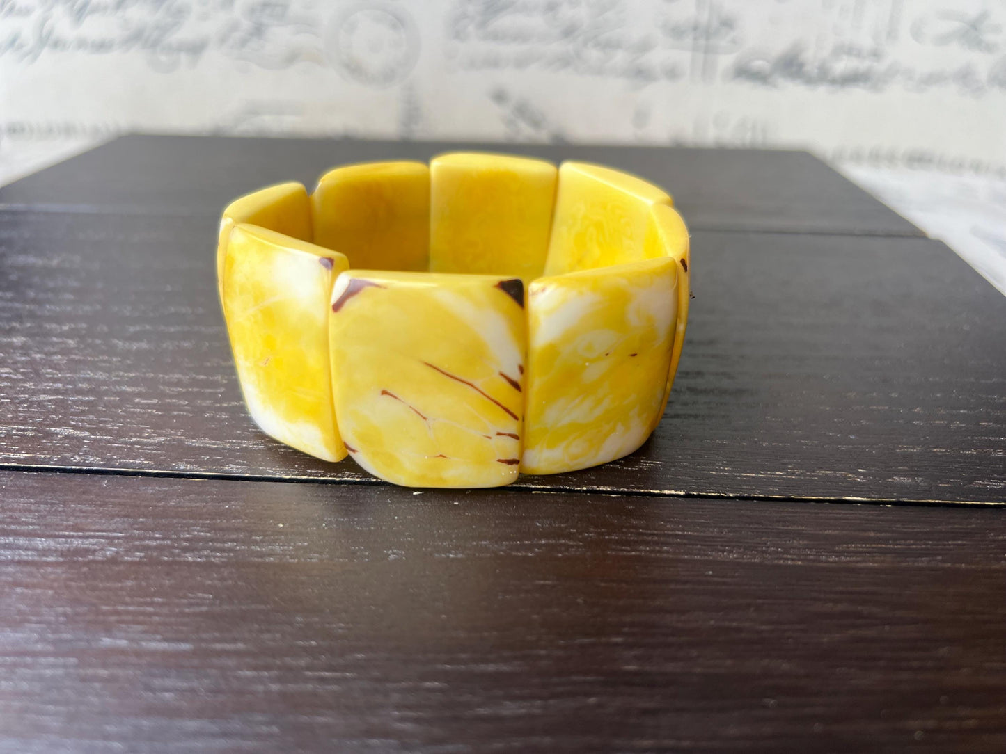 Yellow huge statement bracelet Tagua jewelry Beaded stretch bangle Elastic stretch cuff bracelets Oversized beads Art to wear Spring fashion