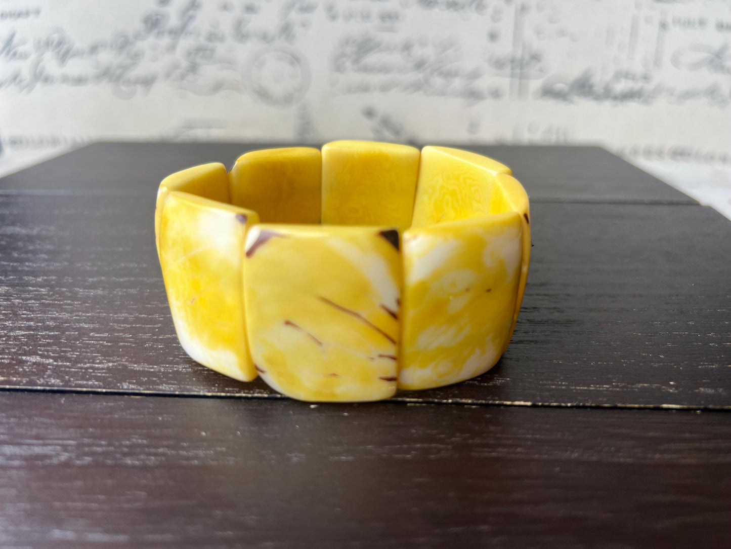 Yellow huge statement bracelet Tagua jewelry Beaded stretch bangle Elastic stretch cuff bracelets Oversized beads Art to wear Spring fashion